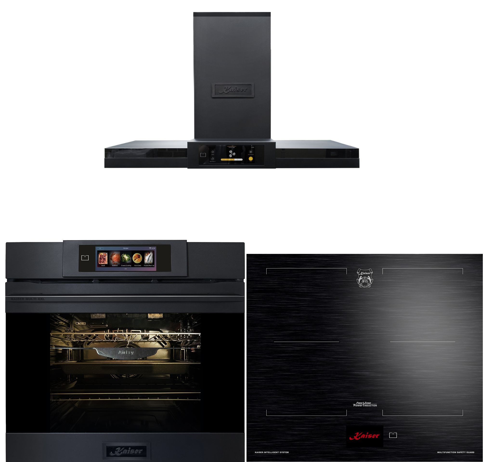 Kaiser Küchengeräte Backofen-Set Herd Set Autark Einbaubackofen XXL Multi 29, Multifunktions-Elektro-Backofen mit Pyrolise und Dampfreinigung, 60 cm+Induktionskochfeld 60 cms+Dunstabzugshaube 90 cm TFT Display 1100 m3/h EH 6347+KCT 6140 FI+AT 9342, mit 1-fach-Teleskopauszug