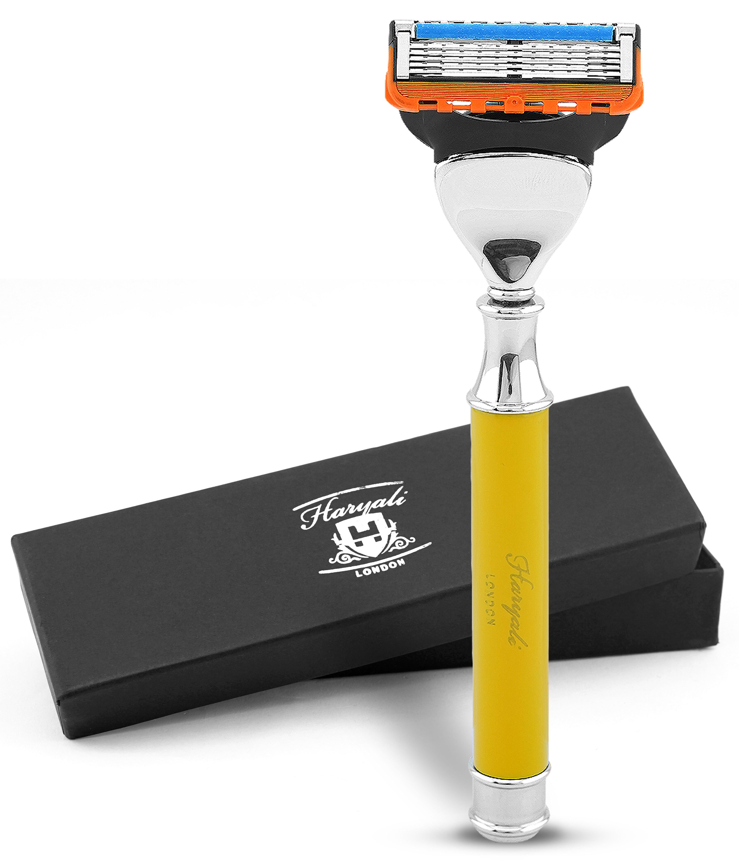 Haryali London Nassrasierer 5-Klingen-Rasierer für Unisex, Trendy Razor, Body Face Razor, Gelb, Pack, Rasiermesser mit Klinge und hochwertiger messing-silberner Oberfläche, Abwaschbarer, rutschfester Griff. Passt auf alle Mach 3-Rasierer.