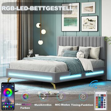 MODFU Polsterbett Funktionsbett mit LED-Leuchten und Lattenrost, Samtstoff (Doppelbett mit verstellbarem Kopfteil 140 x 200 cm), ohne Matratze