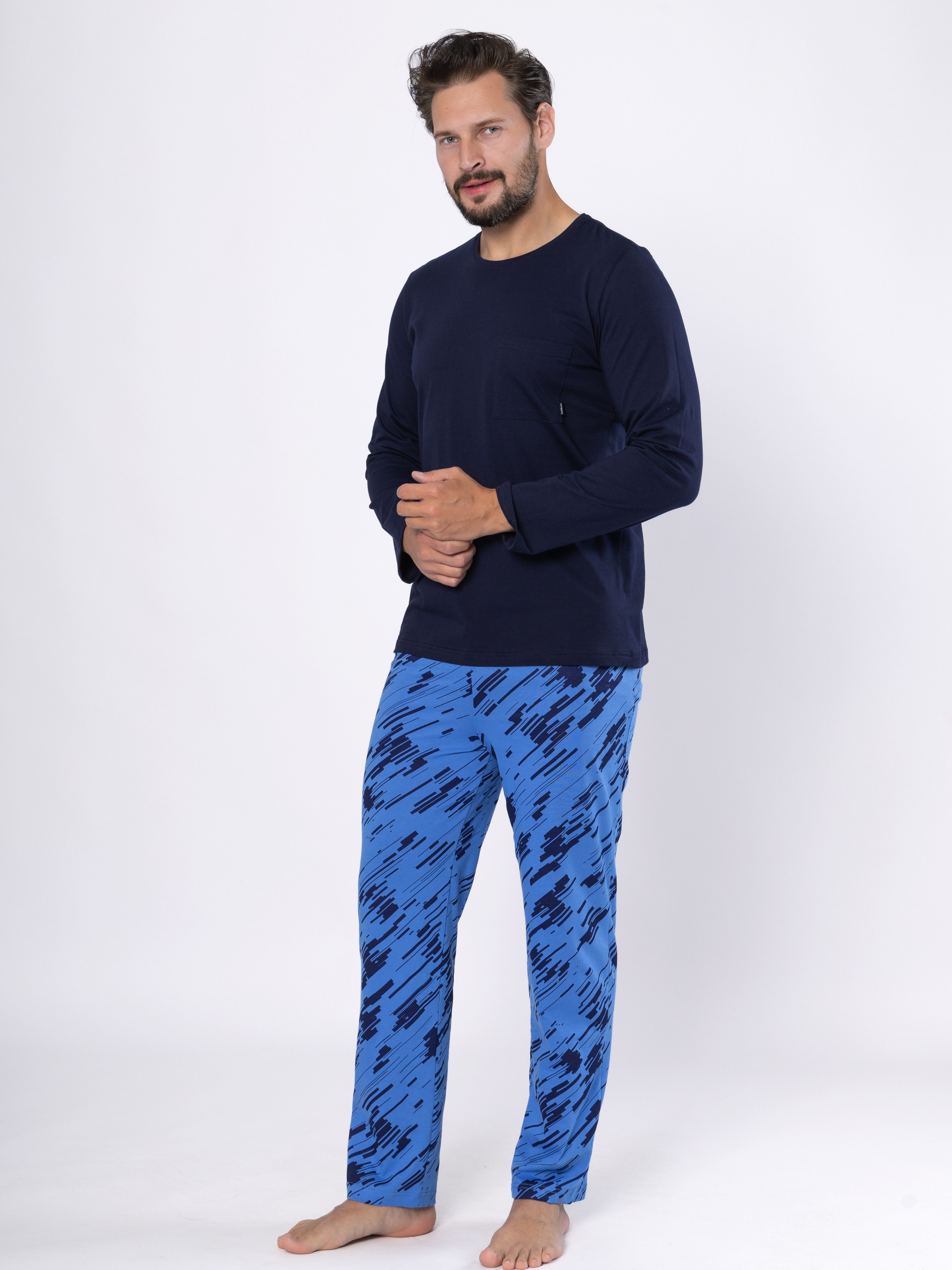 HOTBERG Pyjama Schlafanzug Herren lang (2 tlg) mit Print-Hose – Baumwolle Marine-Blau