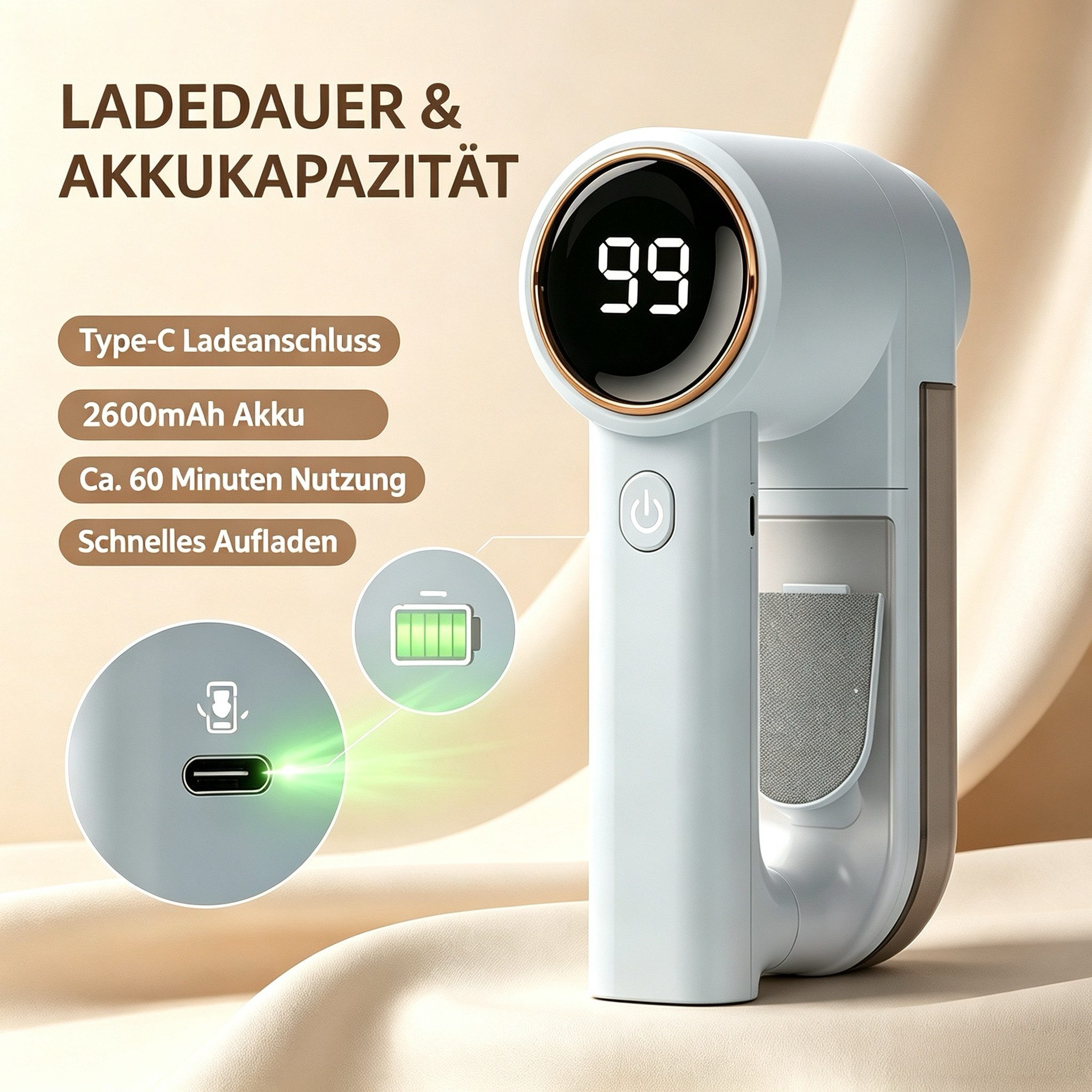 ibettertec Fusselrasierer Wiederaufladbarer Fusselrasierer mit LED-Display und 6-Klingen-System, 3 austauschbare 6-flüglige Edelstahlmesserköpfe,3 Höheneinstellungen