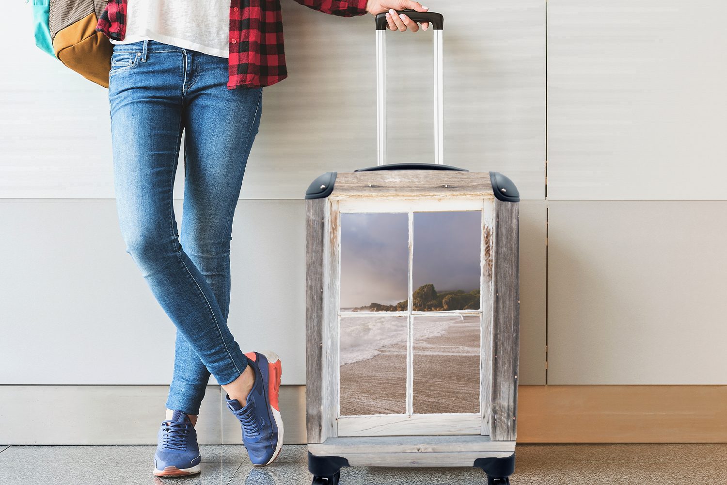 für Durchblick Strand, Ferien, Reisetasche Trolley, - Reisekoffer 4 MuchoWow Holz mit - Handgepäckkoffer Rollen, Handgepäck rollen,