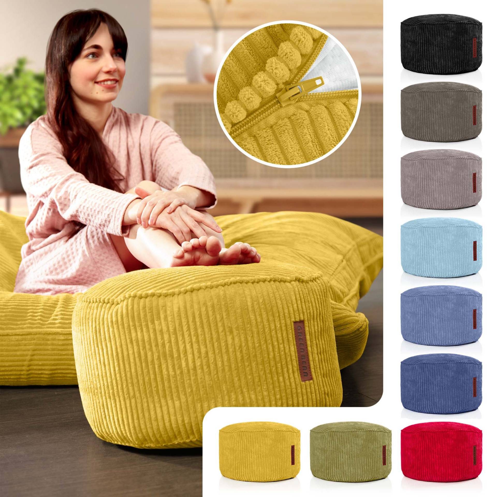 Green Bean Pouf Sitzsack-Hocker Pouf Cord 45x25cm (Indoor Sitzhocker Sitzkissen Fußhocker Relax-Sessel, Made in Germany), die ideale Ergänzung zum Sitzsack – Bild 5 von 5
