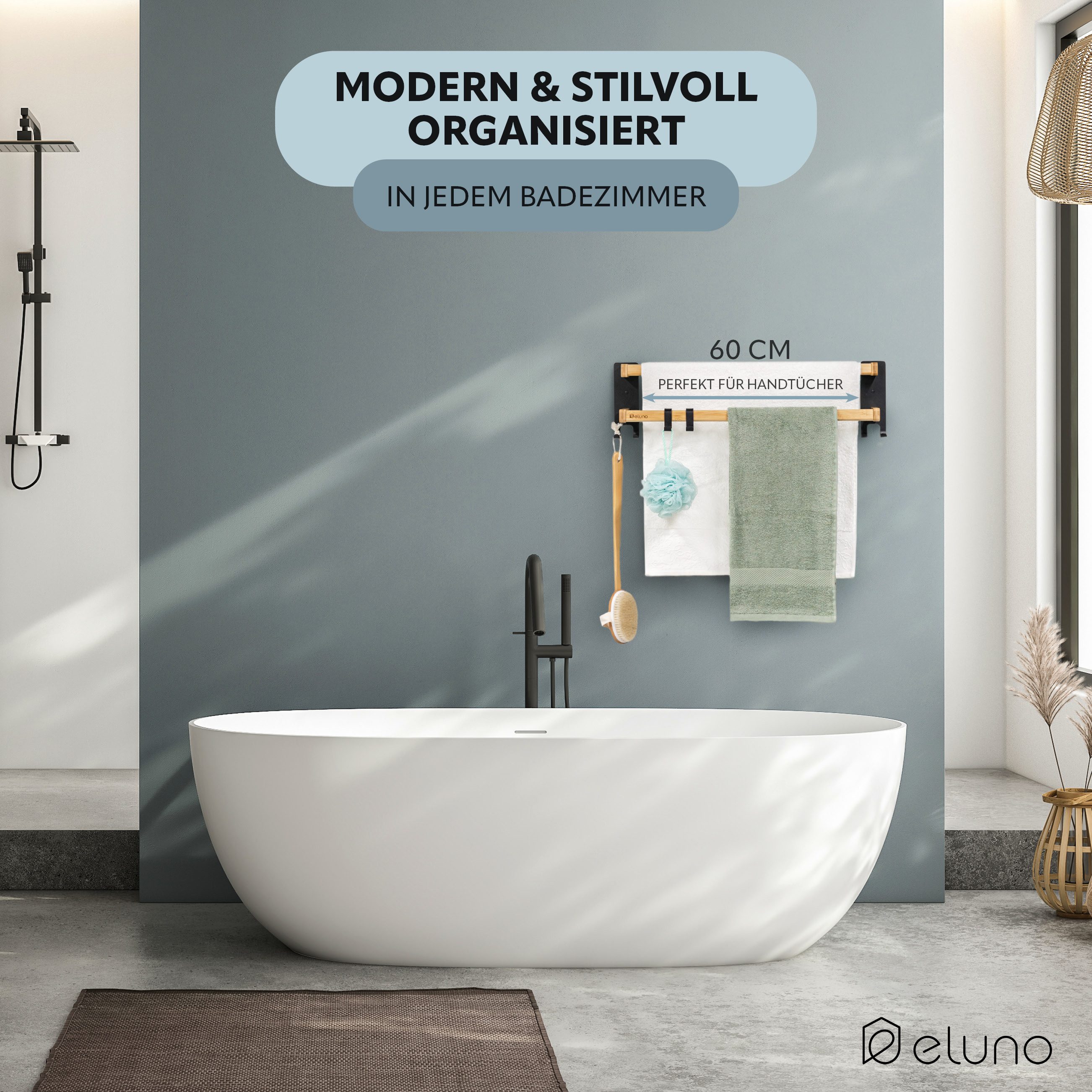 eluno Handtuchständer aus schwarzem Metall und Bambus günstig online kaufen