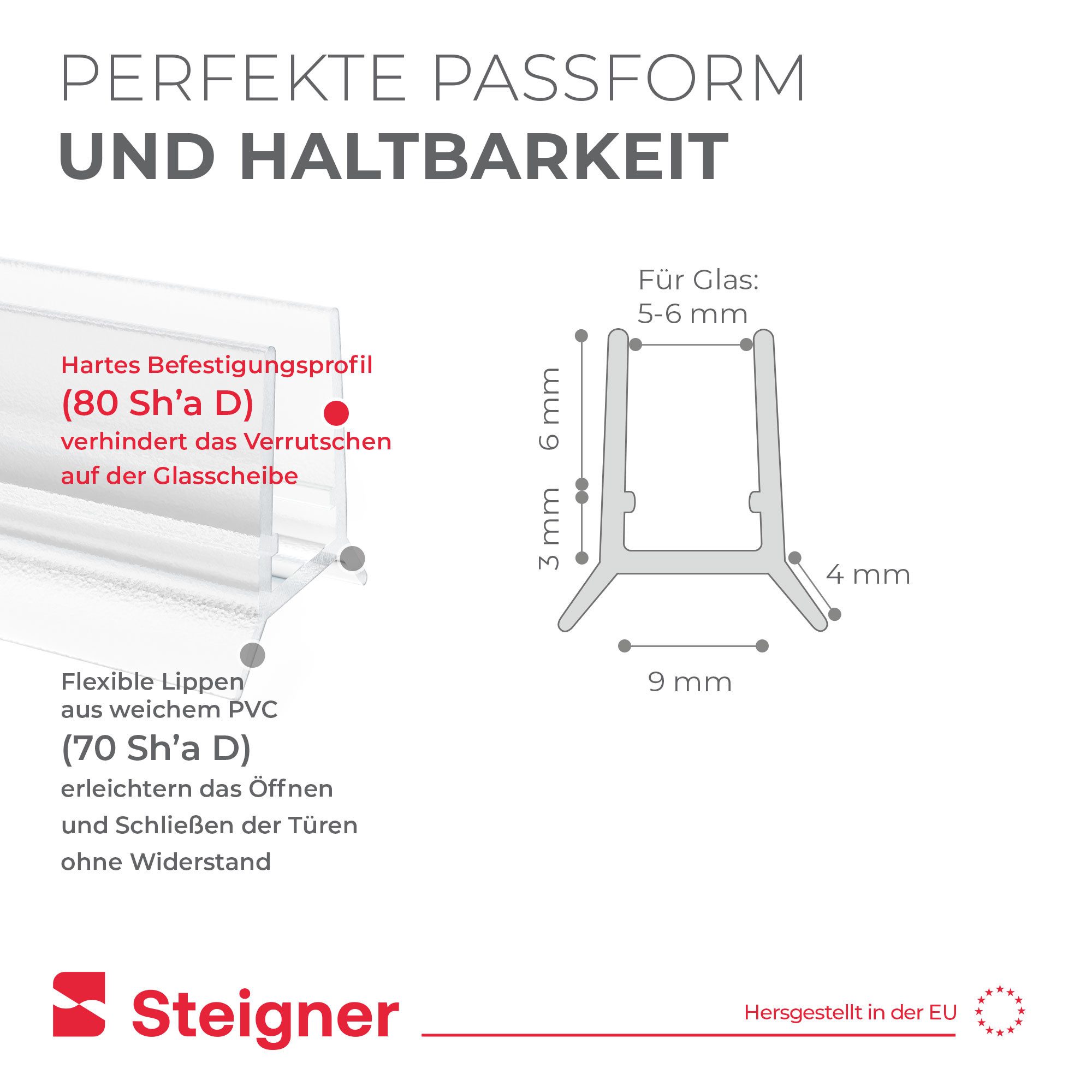 STEIGNER Duschdichtung Duschtürdichtung Gerade UK24-06 30 cm (1 Stk) Transparent 5-6 mm, L: 30 cm, (1 Stück Packung, Einzeldichtung), Dichtung für Eckeinstieg D – Bild 4 von 5