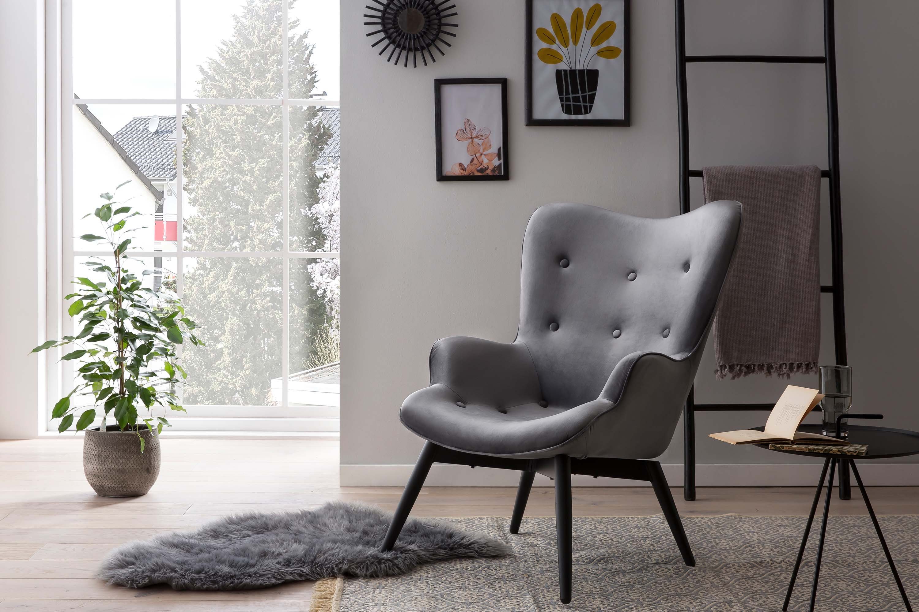 GMD Living Sessel HELSINKI (1-St), skandinavischer Polstersessel aus Samtstoff grau | Einzelsessel