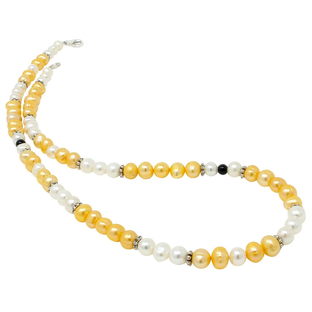 Schmuck Krone Perlenkette Halskette aus Perlen & Onyx, aprikose creme-weiß schwarz, Silber 925