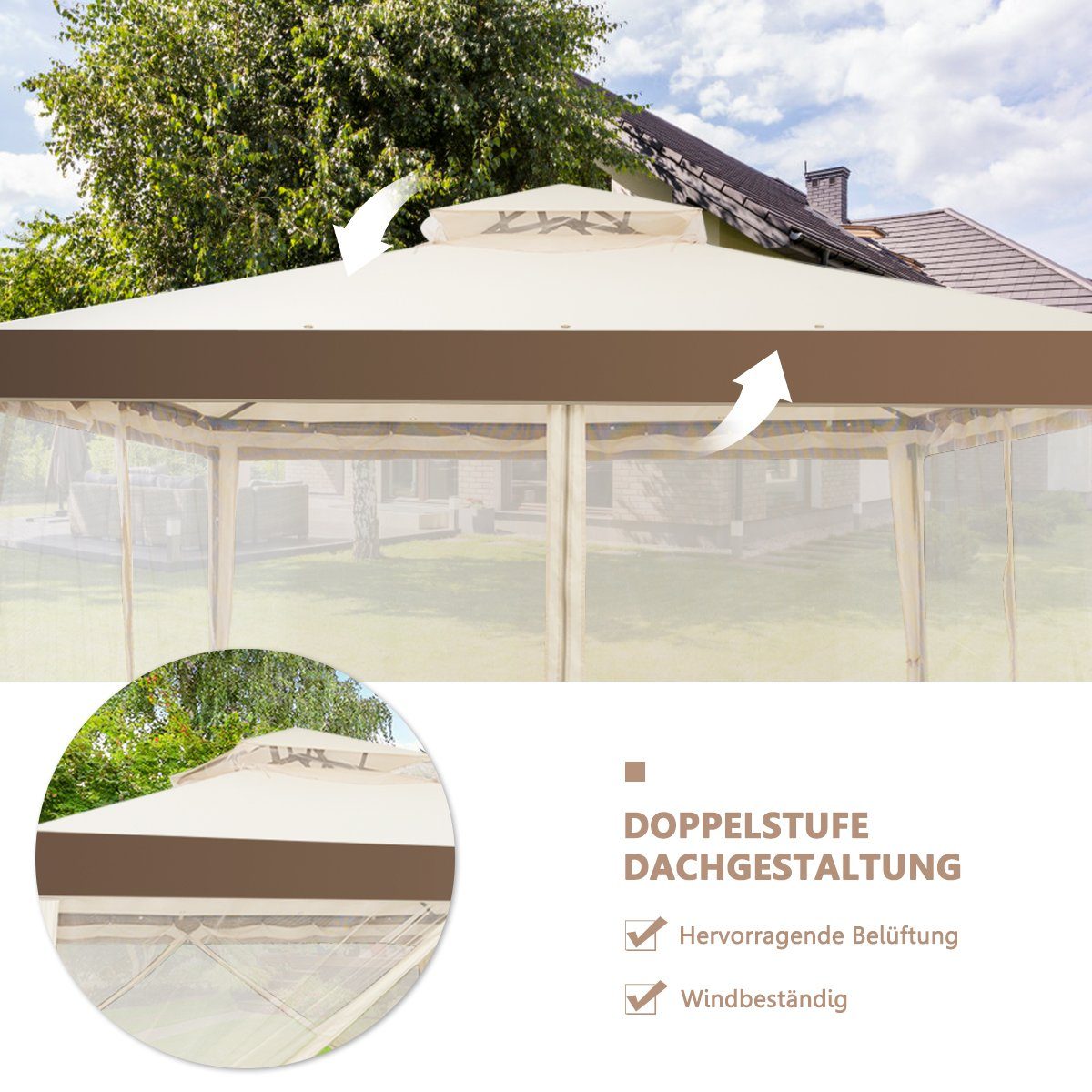 COSTWAY Pavillon UV 50+ & wasserdicht, Gartenpavillon mit Doppeldach, 3x3m