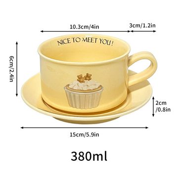 TWSOUL Tasse Einfaches 380-ml-Kaffeetassen- und Untertassen-Set, Kuchenbärenmuster