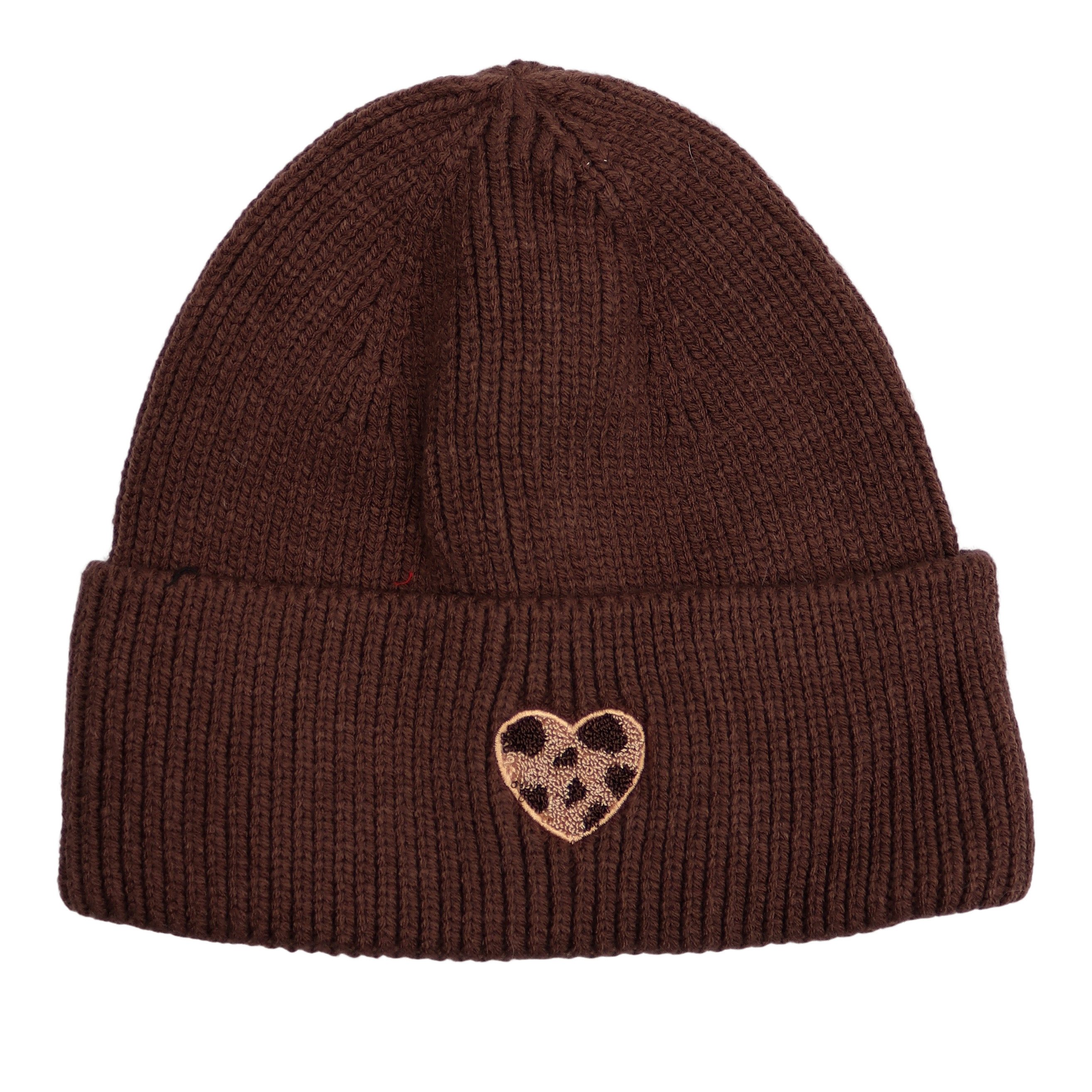 MIRROSI Strickmütze Damen Beanie aus 100% Viskose mit Umschlag & Herz-Patch im Leo-Look ungefüttert
