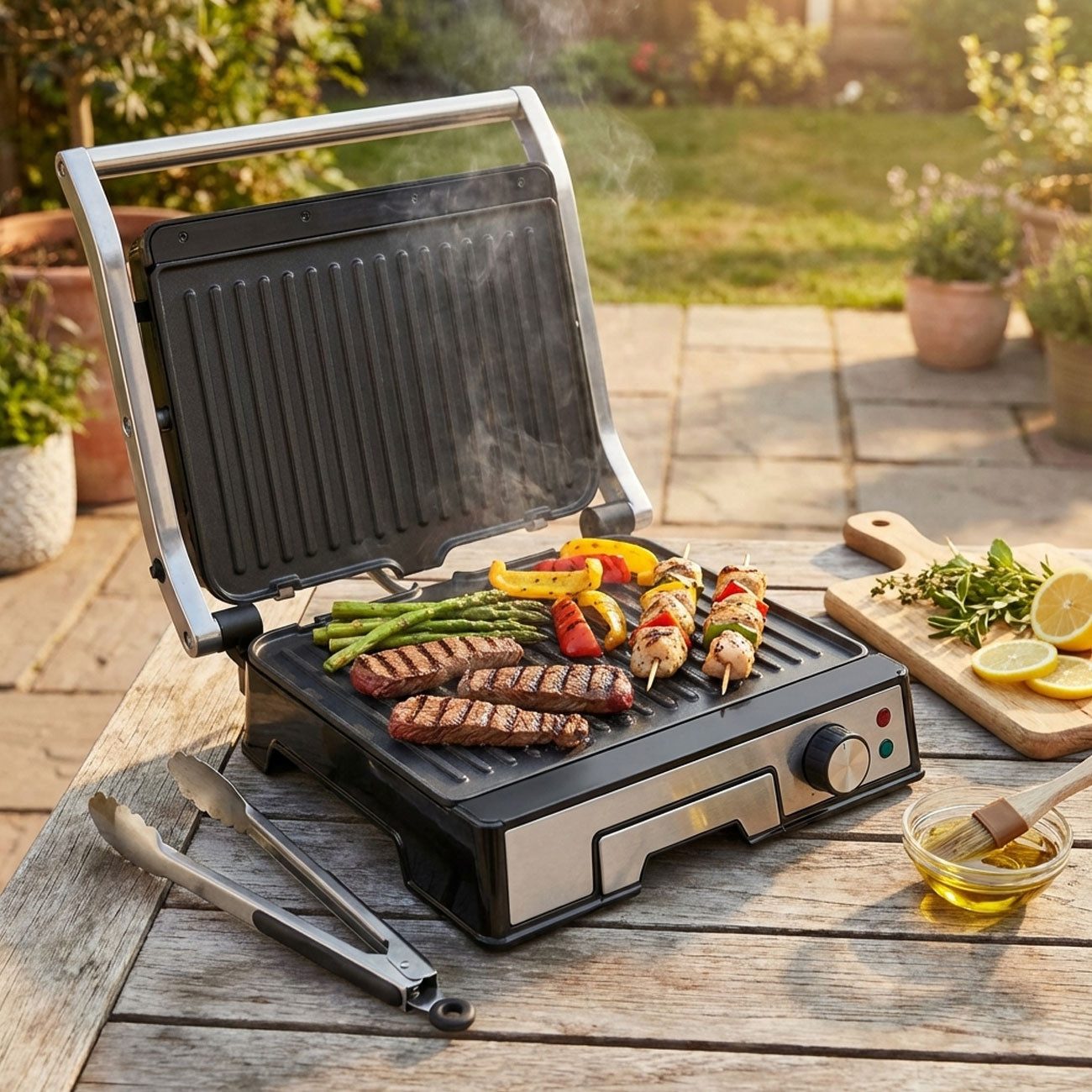 Casativo Kontaktgrill Elektro-Kontaktgrill 2000W antihaftbeschichtet Tischgrill für Steaks, 2000 W, 2-in-1 Kontakt- & Tischgrill/LED-Statusleuchten