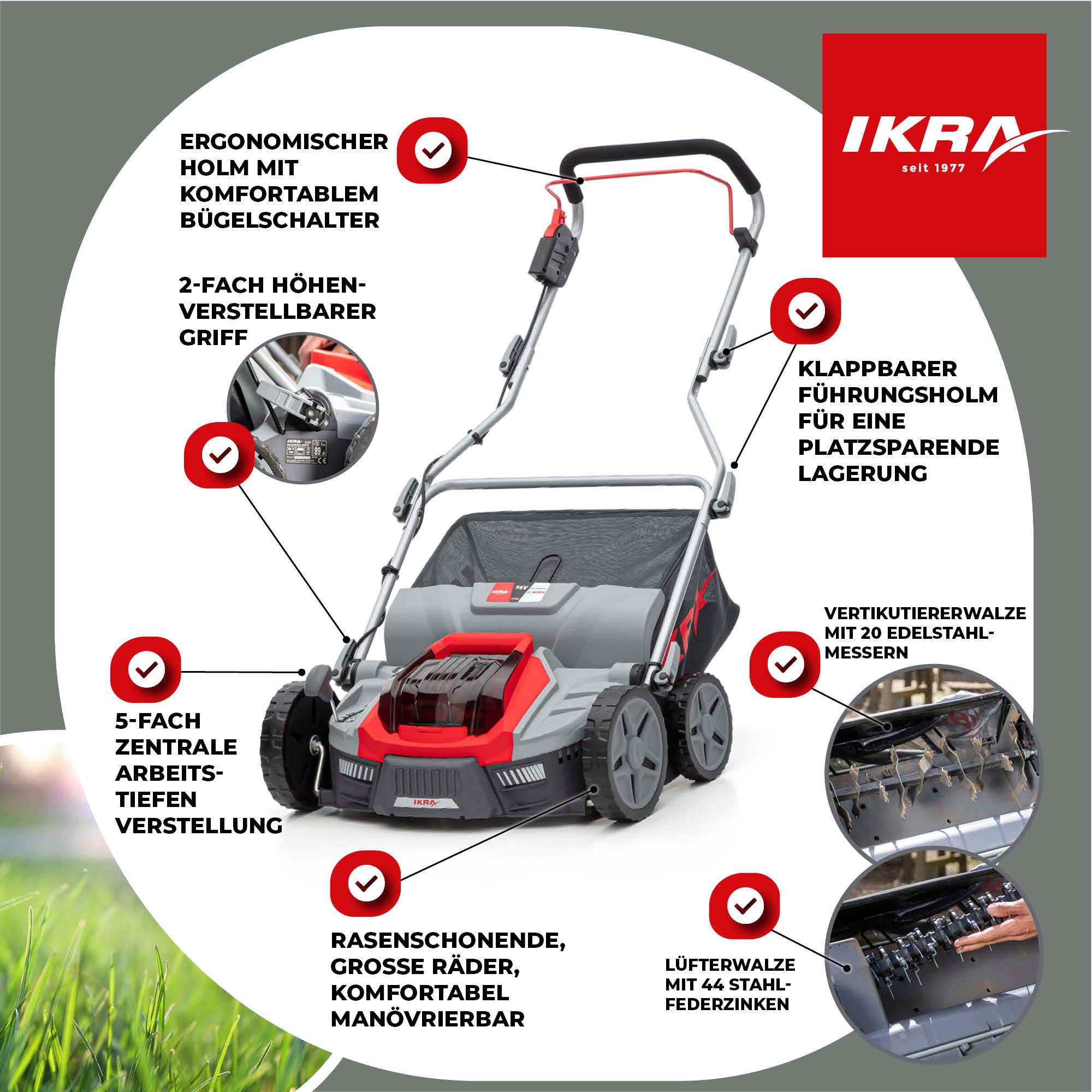 ikra GmbH Akku-Vertikutierer / Lüfter IB-SR 36, 36 cm Arbeitsbreite, (ohne Akku & Ladegerät), 3in1 Gerät, Vertikutieren & Lüften, kompatibel mit BOSCH 36V