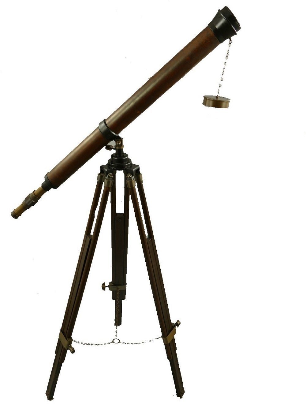 Linoows Dekoobjekt Stand Teleskop, Stativ Fernrohr mit Holz Tubus, Holz ummanteltes Altmessing Mono Okular 98x150 cm