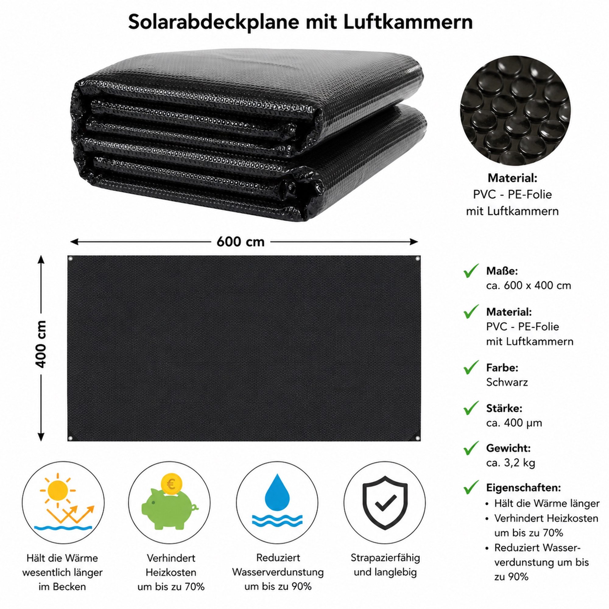 Mucola Pool-Abdeckplane Solarfolie Schwarz Wärmeplane Poolunterlage Bodenschutzplane (Stück, Pool-Abdeckplane), Verhindert Heizkosten