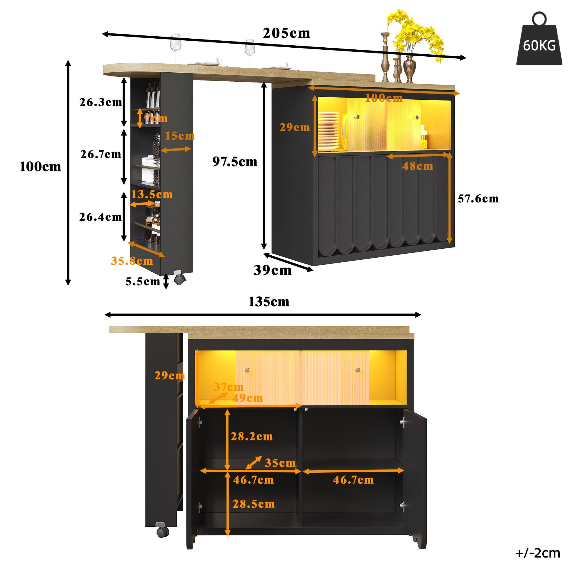 Ulife Esstisch ausziehbarer Bartisch mit Stauraum, 135-205×39×100cm (1-St), günstig online kaufen
