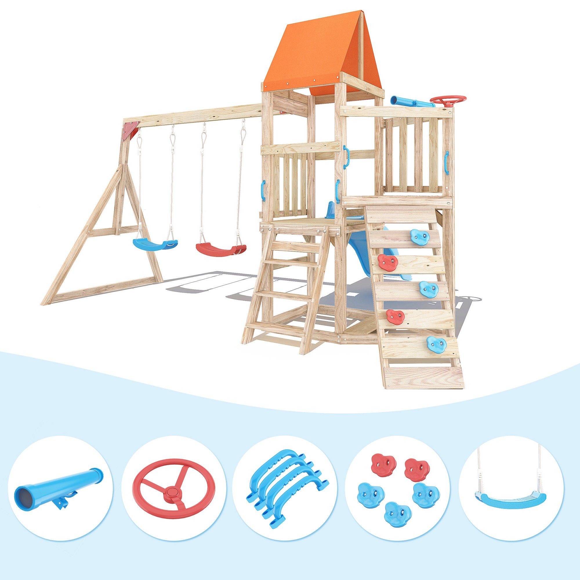 Merax Spielturm Segelabenteur, aus Holz, XXL Spielhaus für Kinder mit blauer Rutsche und Schaukel, Klettergerüst mit Sandkasten, Kletterleiter und Spiel-Zubehör, Stelzenhaus Kletterturm für Garten