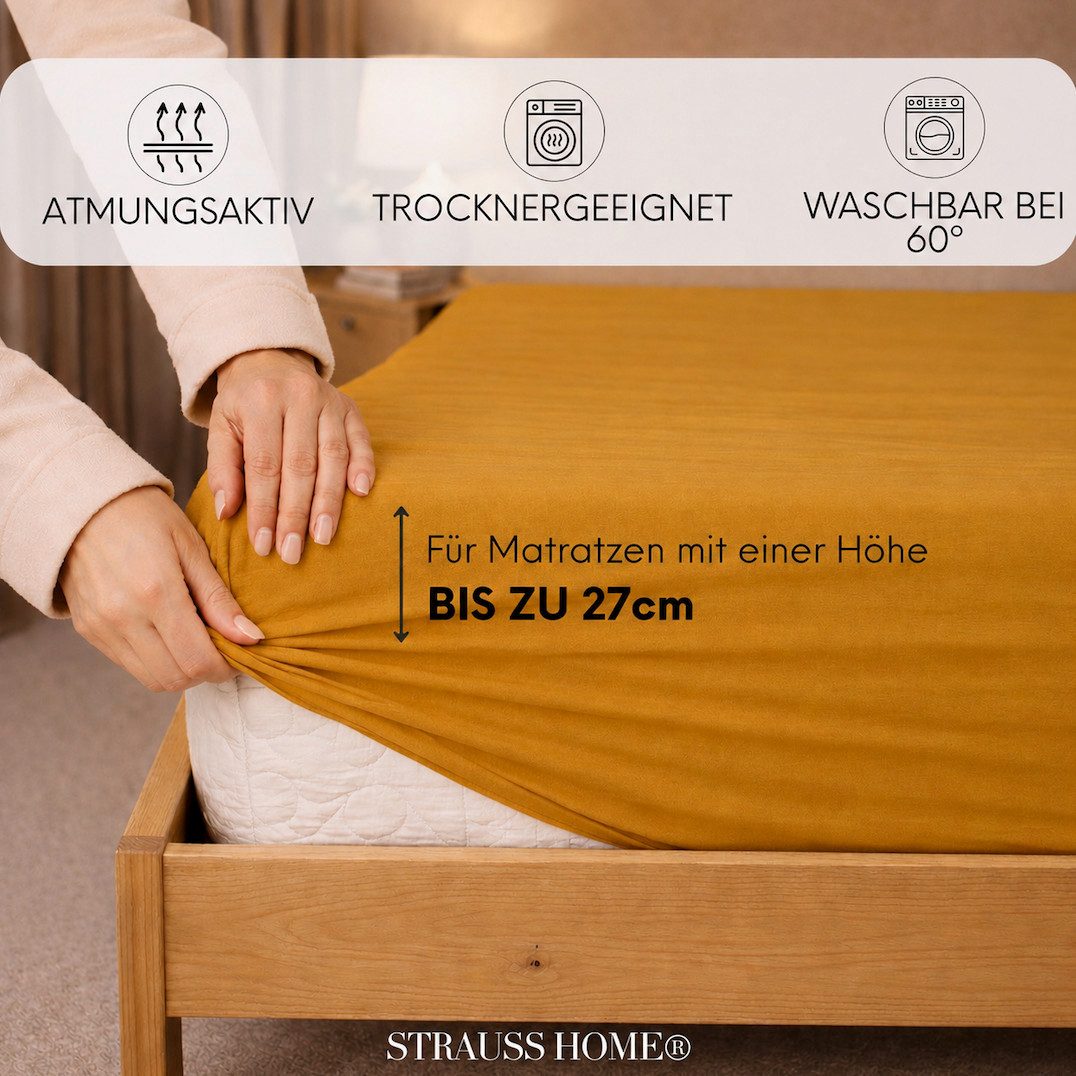 Strauss Home Spannbettlaken Premium 160 g/m² Gekämmte Baumwolle Jersey in Hotelqualität, Gummizug: Rundumgummi, OEKO-TEX®-zertifiziert - Hotelqualität – Formstabil & Langlebig