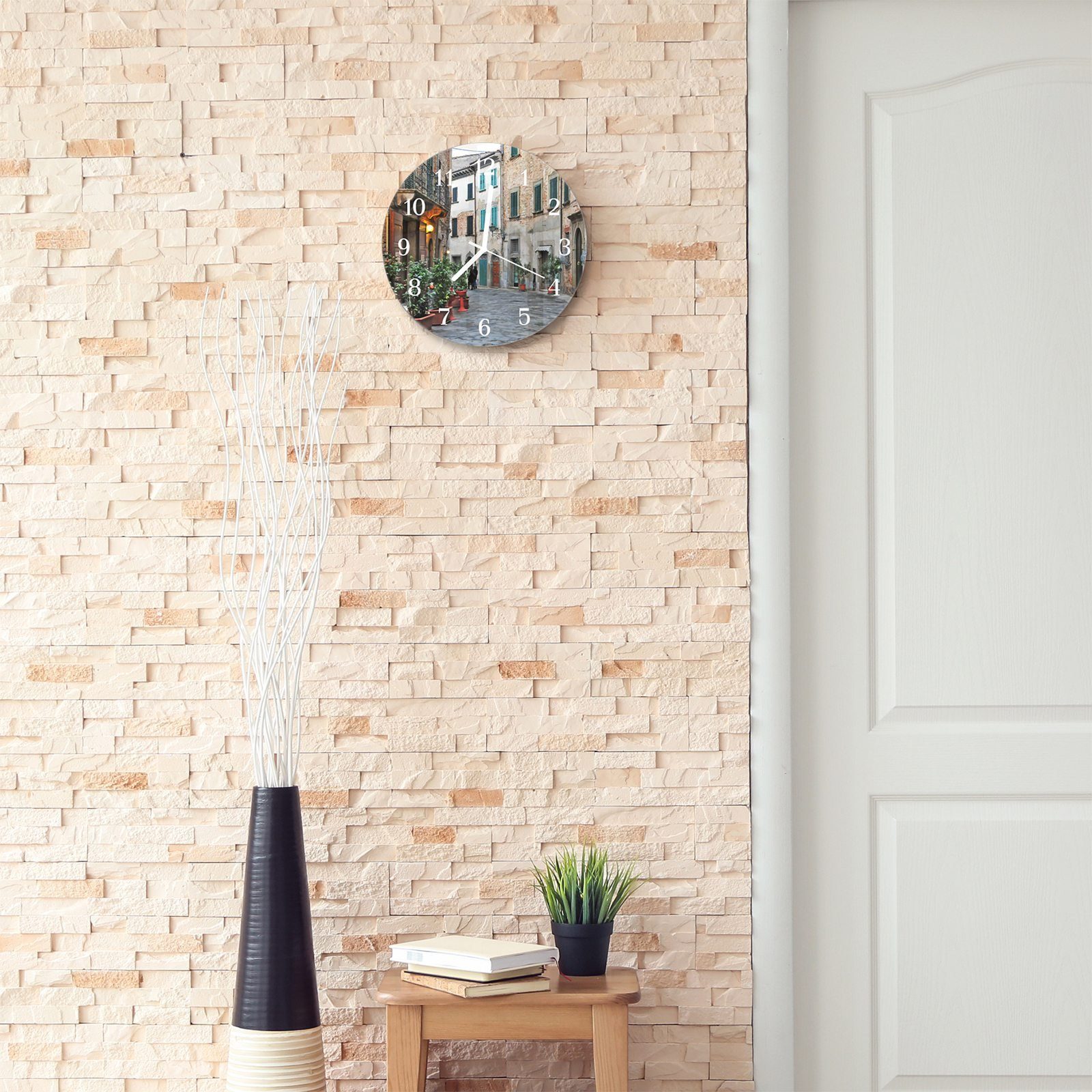 Primedeco Wanduhr Wanduhr aus 30 cm Durchmesser Rund und Glas Italien Motiv Gasse in Quarzuhrwerk - mit mit