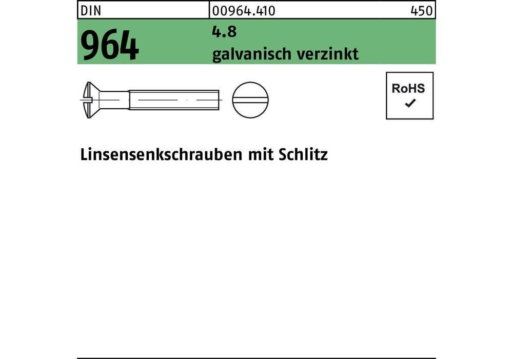 Senkschraube Linsensenkschraube DIN 964 Schlitz M 6 x 40 4.8 galvanisch verzinkt