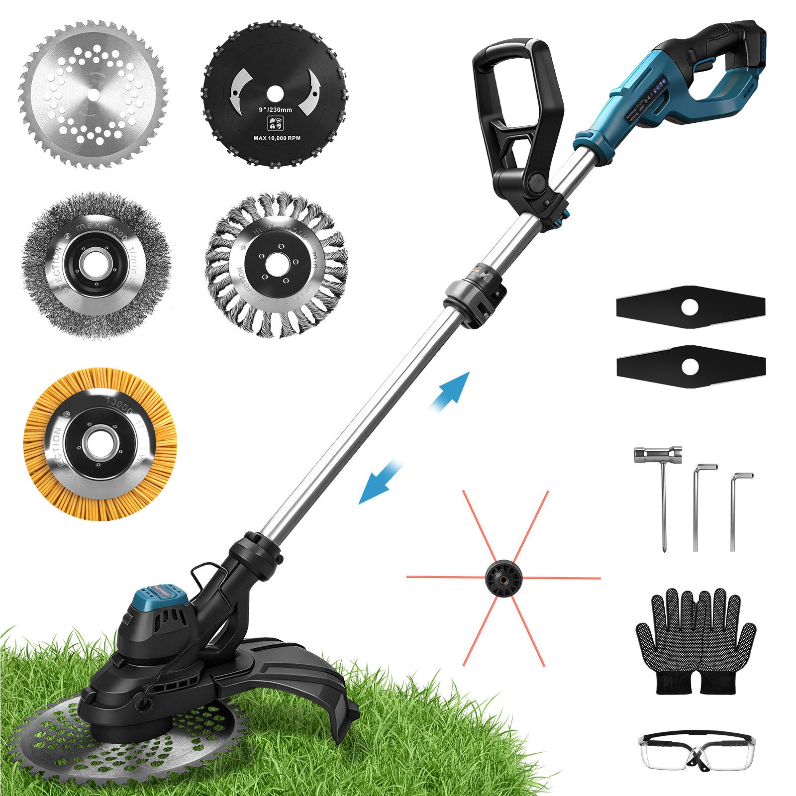 XERSEK Akku-Rasentrimmer Elektro-Grastrimmer mit Bürstenloser Motor, 14800U/min 980W Motorsense, 30 cm Arbeitsbreite Messer