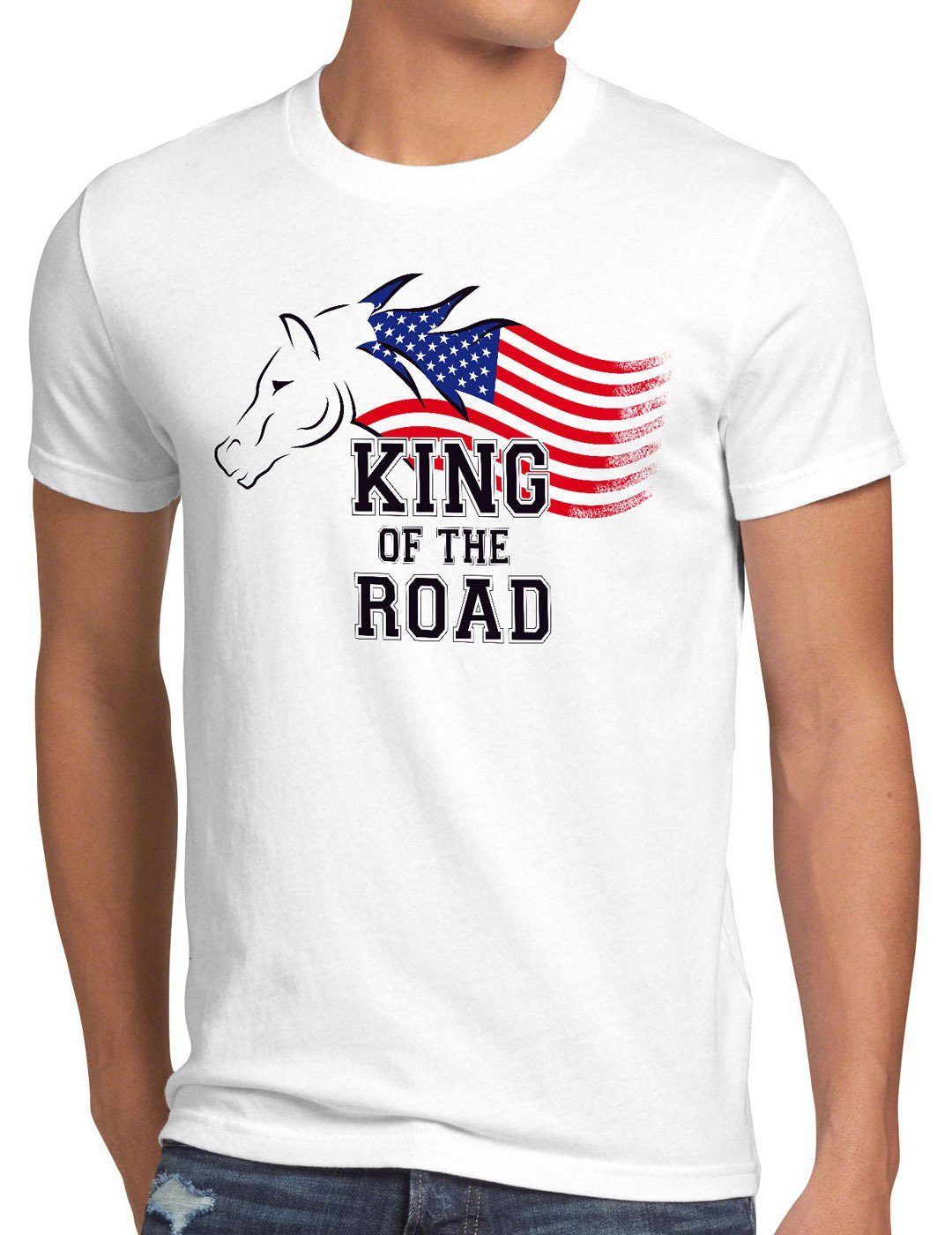 style3 Print-Shirt Herren T-Shirt King of the Road Amerika America Muscle Car motor tuning auto usa weiß