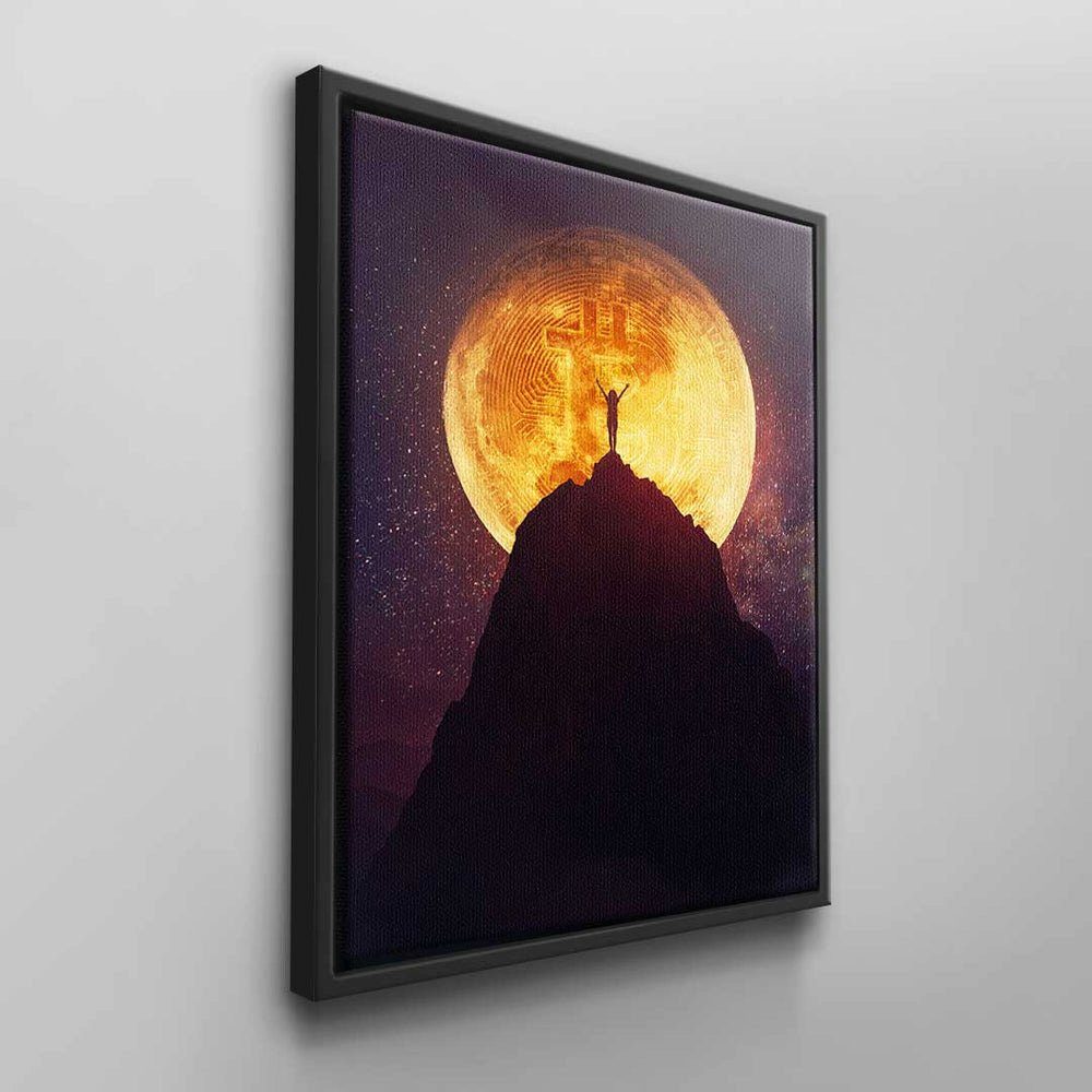 DOTCOMCANVAS® Leinwandbild gold Bitcoin-Erfolg berg Wandbild Moo schwarz Bitcoin weißer Bitcoin Rahmen Mond Moon, mann rosa