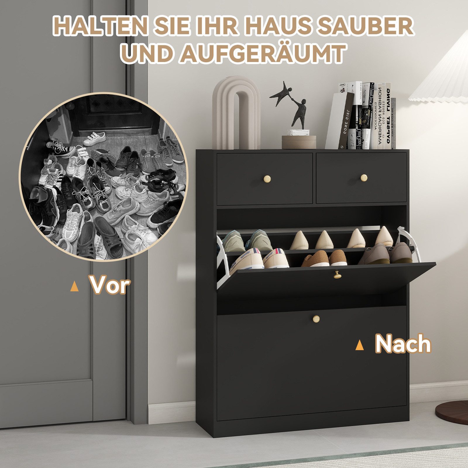 Puluomis Schuhschrank Schuhkipper mit 2 Schublade, 2 Klappen Schuhregal 24x80x106 cm (mit Kippschutz, weiß) – Bild 4 von 5