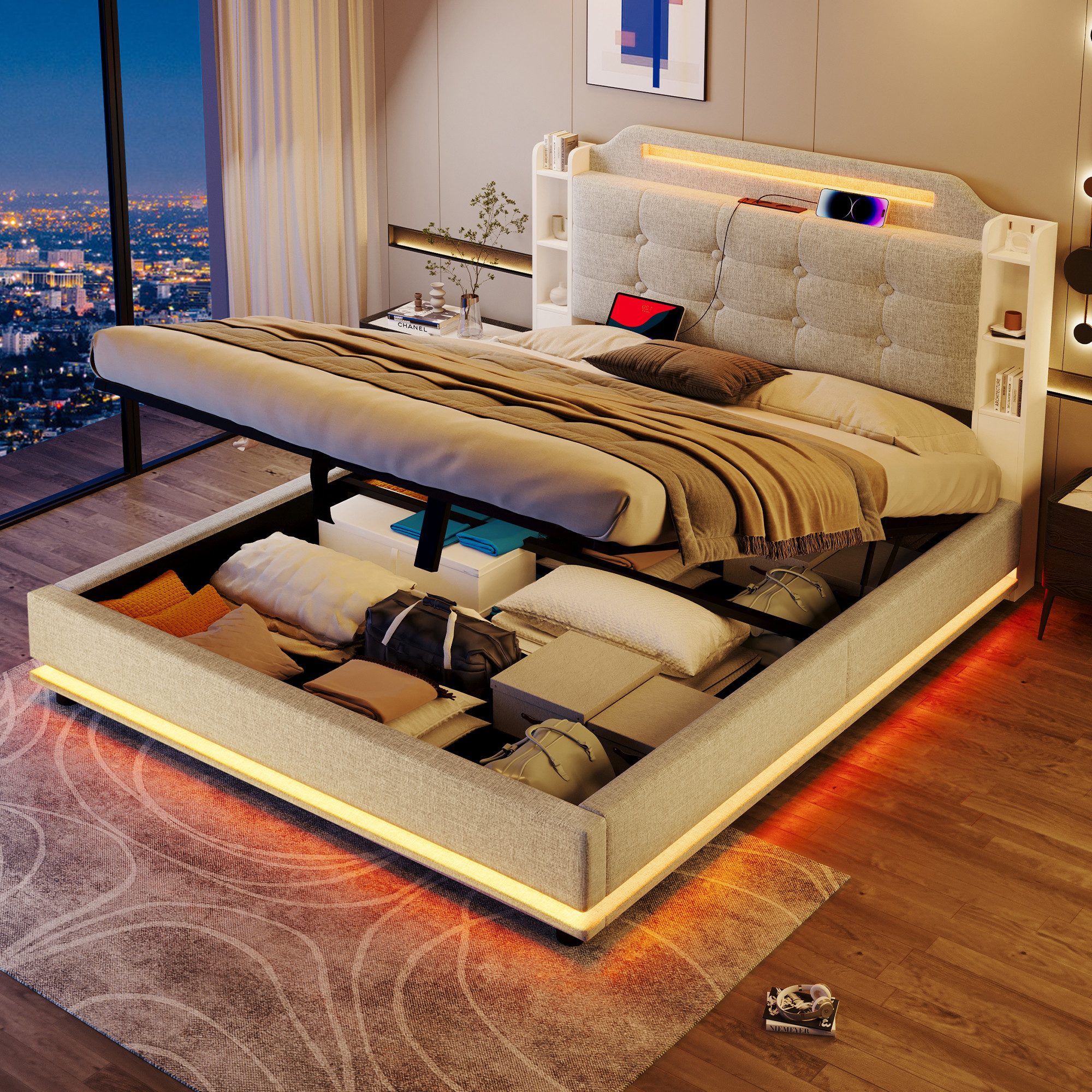 TavilaEcon Boxspringbett aus Leinenstoff und MDF-Umweltplatten, günstig online kaufen