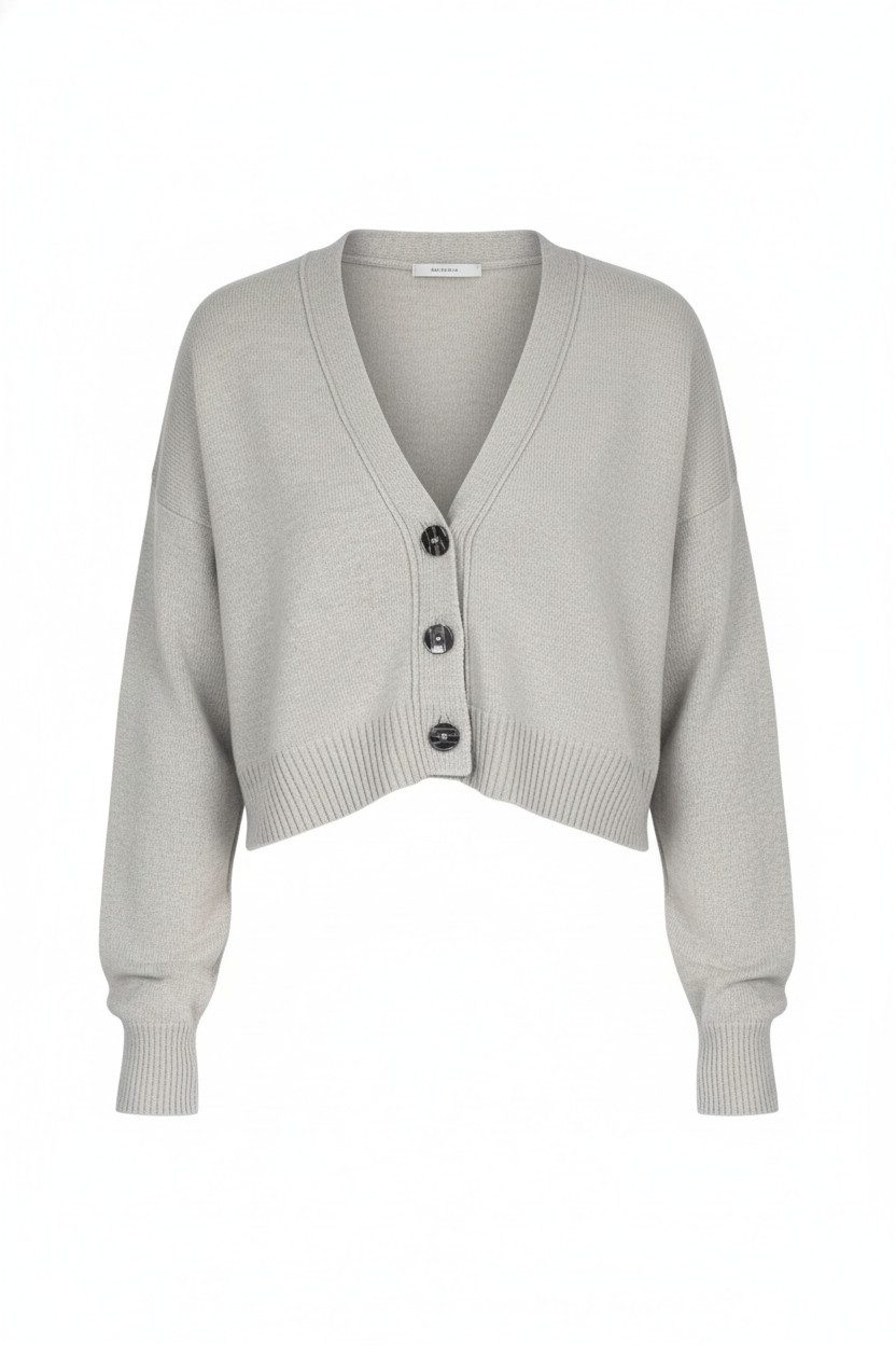 Zuckerwatte Strickjacke 79306 modische kurze Form, V-Ausschnitt, Merino Cashmere