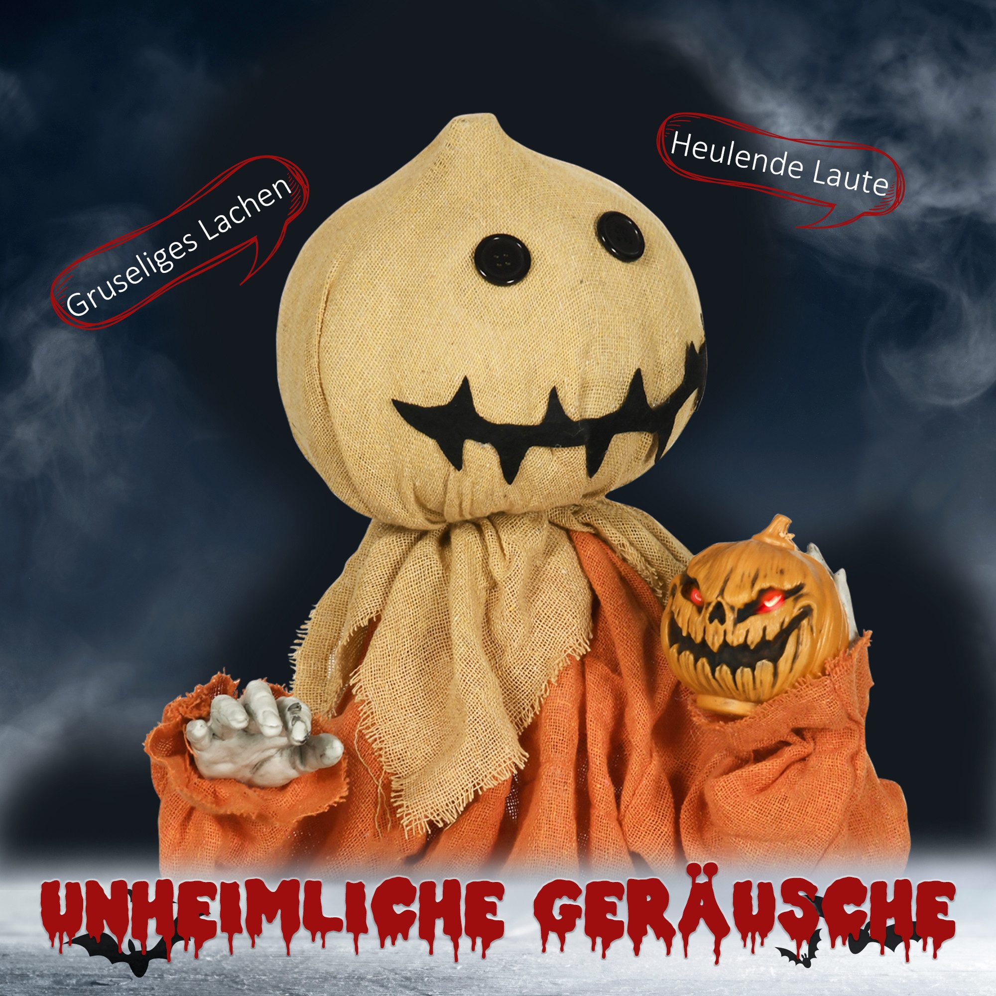 HOMCOM Dekofigur 77cm Halloween Deko mit Rote Augenleuchte und Soundfunktion (Halloween-Geister, 1 St., Vogelscheuche Halloween-Dekoration), mit Kürbiskopf, Ora – Bild 4 von 5