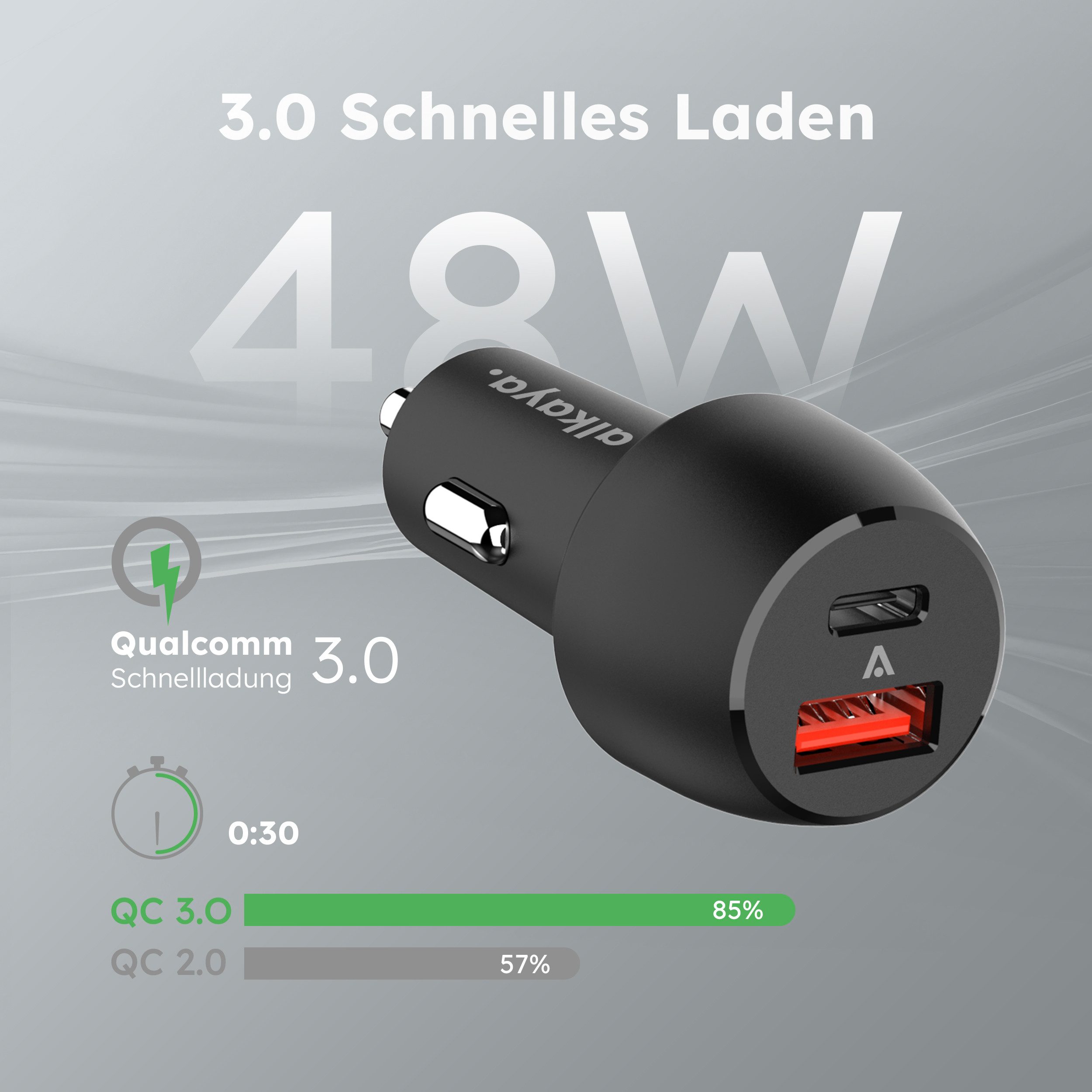 alkaya. Cigarette lighter USB-C + USB-A, car/vehicle charger, car adapter USB Type A, USB-C, car/vehicle adapter 2 ports - Black