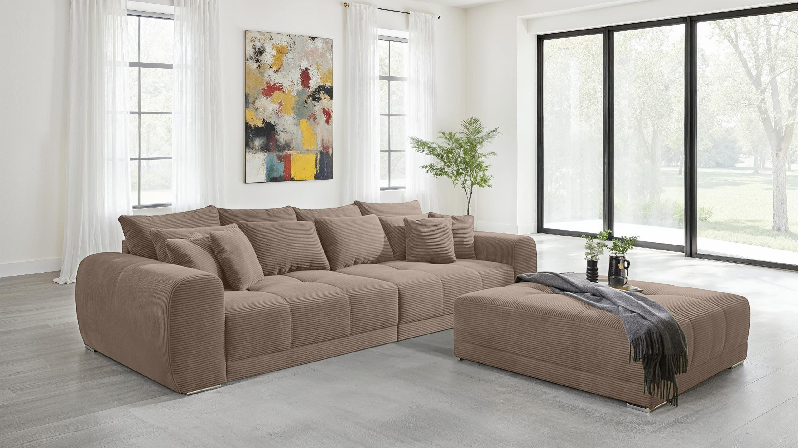 luma-home Big-Sofa 15174, XXL-Couch B306/T134/H86 cm, Liegefläche 120x240 cm mit Federkernpolsterung, viele Kissen, markante Steppungen, Cordstoff Braun Taupe