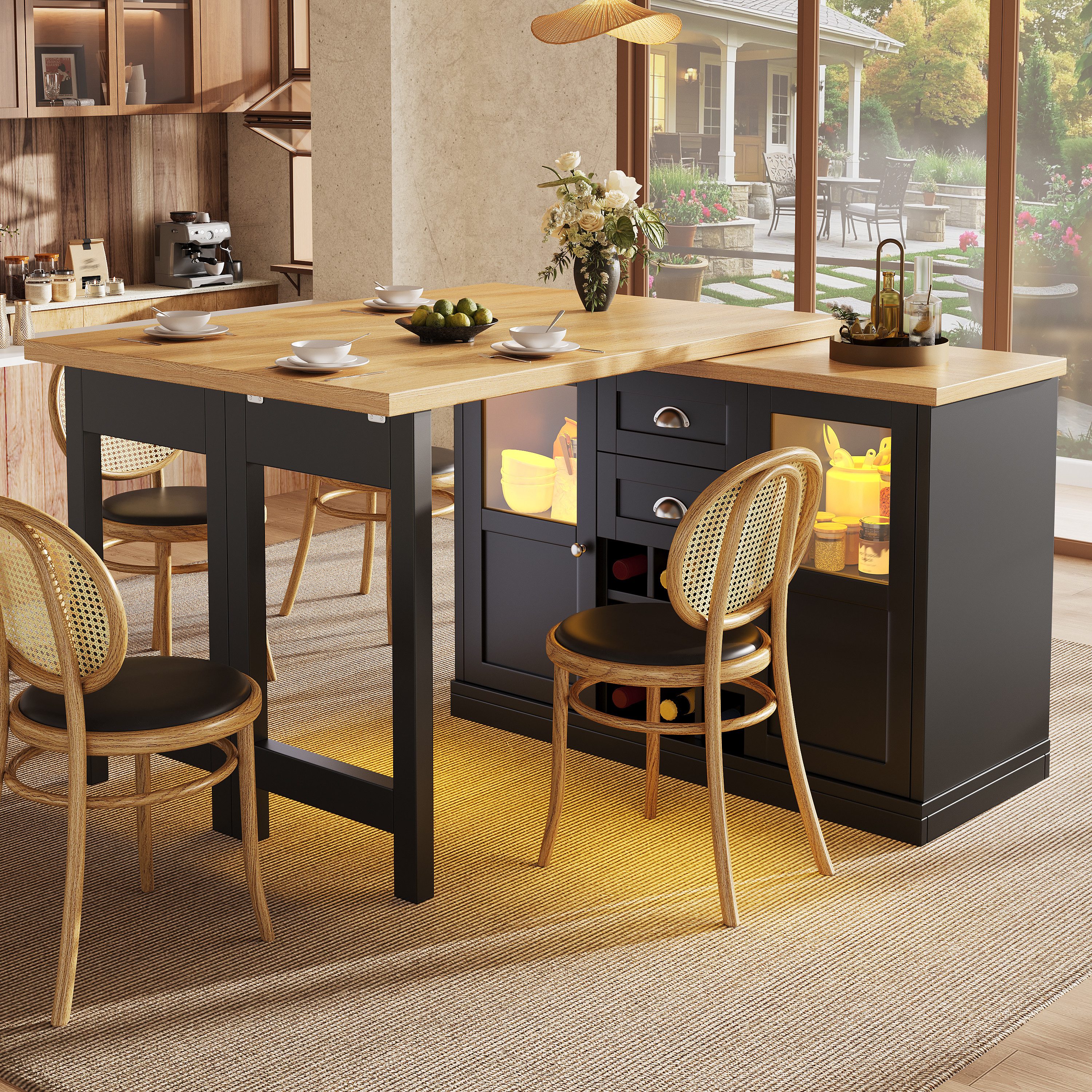 STILVORA Kücheninsel Ausziehbarer Esstisch Barschrank mit Stauraum & Weinregal, (360° drehbar, ausziehbar 120-197cm, LED-Beleuchtung, Weinregal), für Esszimmer, Küche, Wohnzimmer, Barbereich, Homeoffice