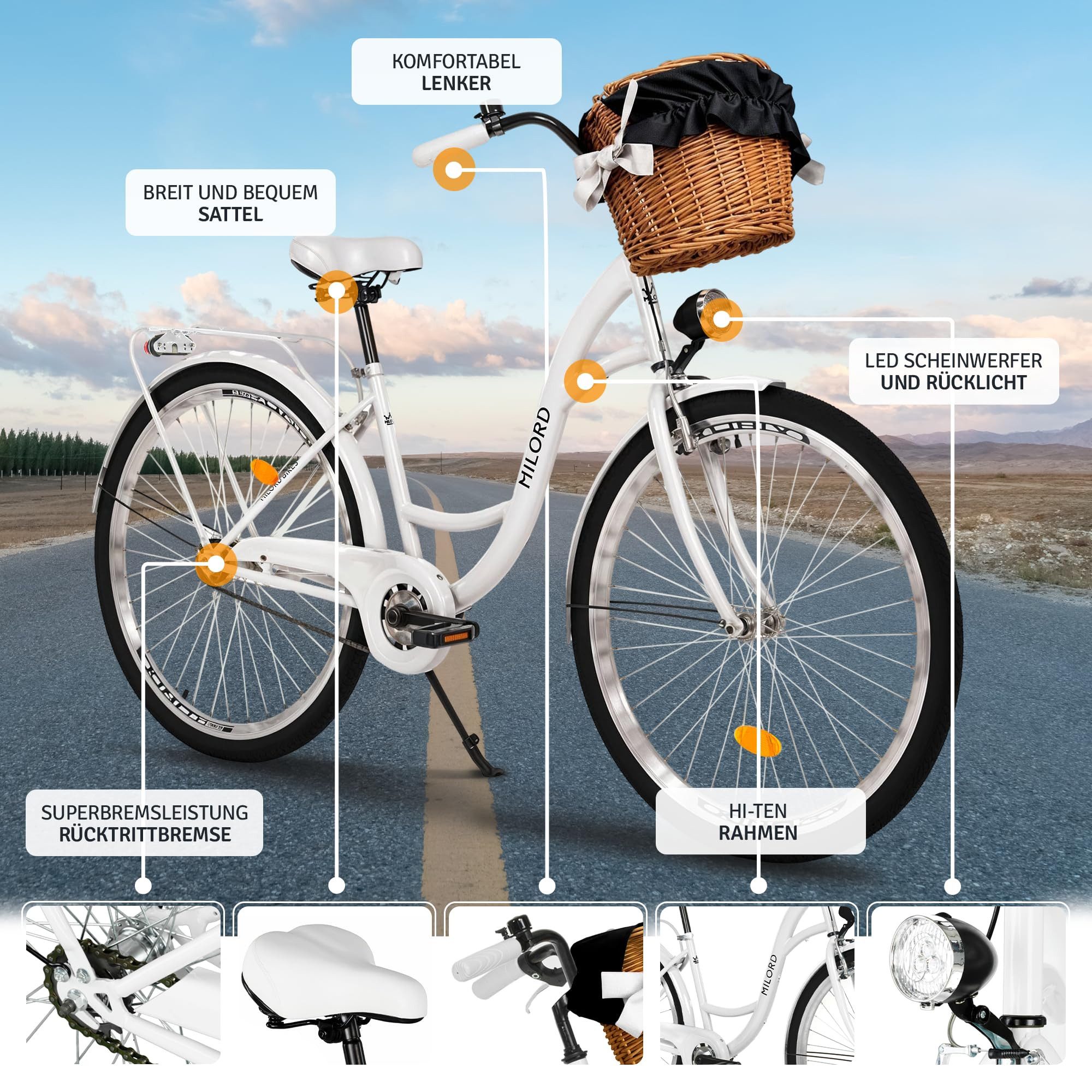 Milord Cityrad Milord City Fahrrad Weidenkorb Damenfahrrad, 28/26 Zoll, Weiß, 1-Gang, 1 Gang, (Fahrradständer, Gepäckträger, Klingel, Korb, Kotflügel)