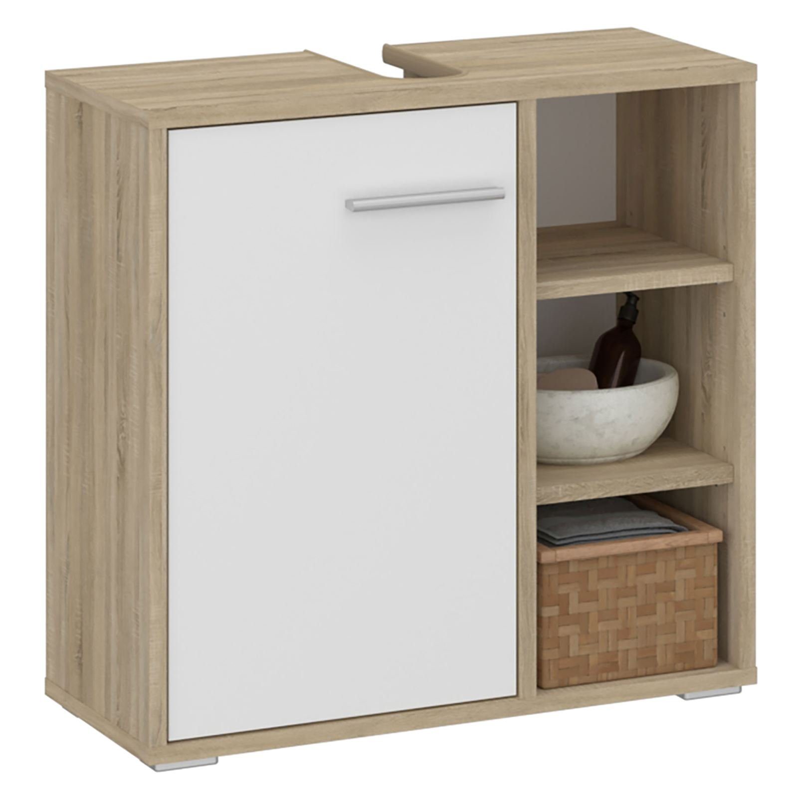 CARO-Möbel Waschbeckenschrank ORNA Waschbeckenunterschrank Sonoma Eiche/weiß 1 Tür und 3 Fächer Waschbeck | Waschbeckenunterschränke