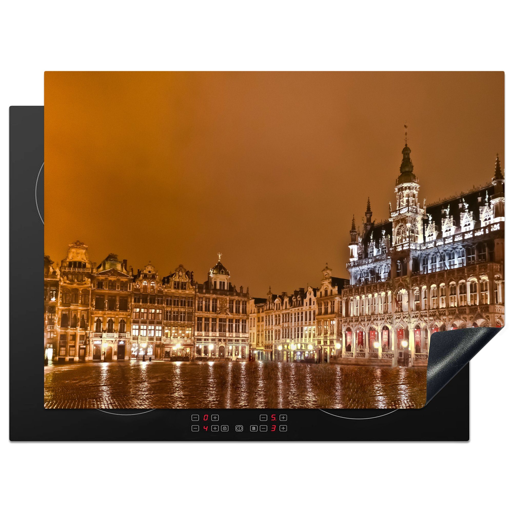MuchoWow Herdblende-/Abdeckplatte Der Grand Place von Brüssel ist bei Nacht wunderschön beleuchtet., Vinyl, (1 tlg), 70x52 cm, Mobile Arbeitsfläche nutzbar, Ceranfeldabdeckung