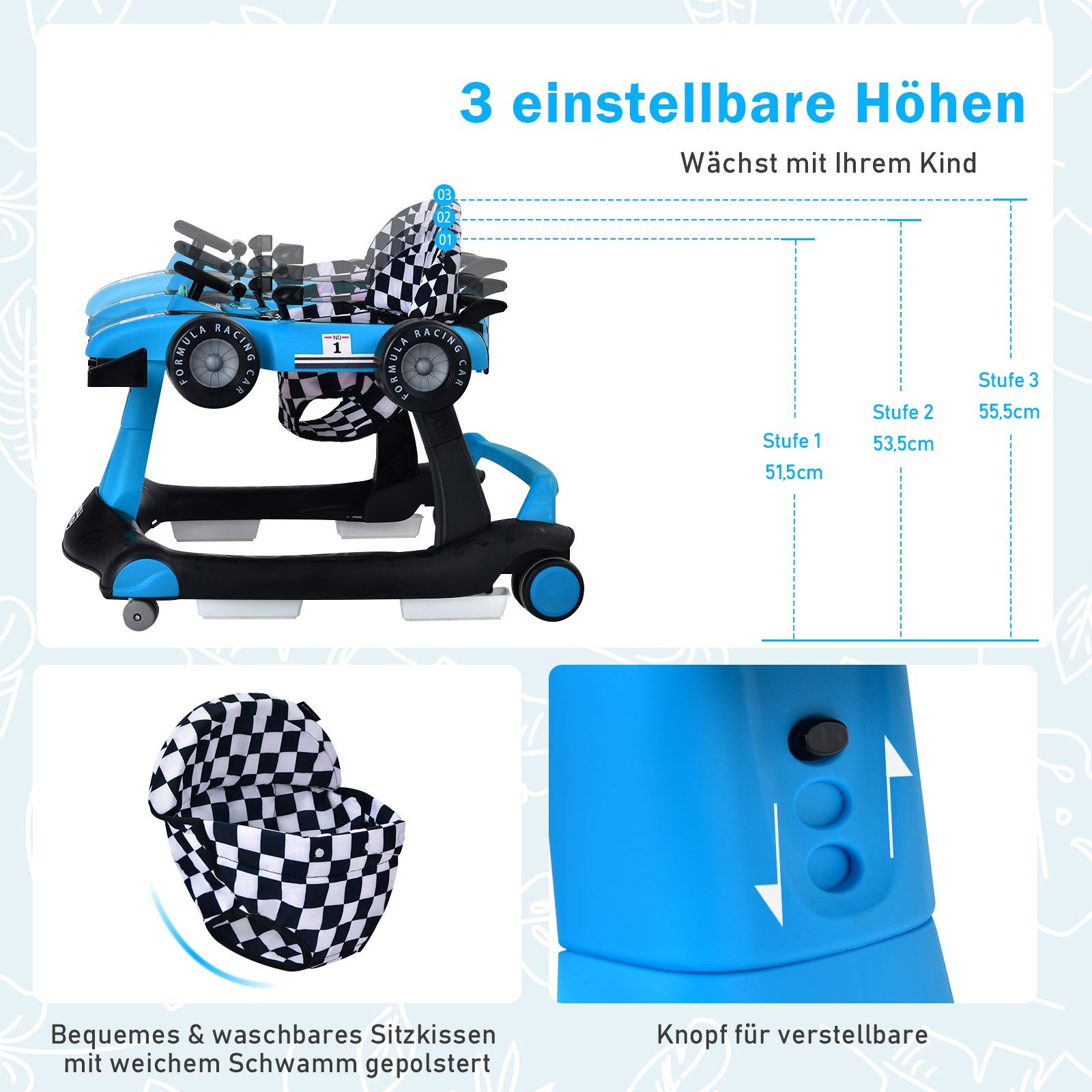 COSTWAY Lauflernhilfe 4 in 1 Lauflernwagen, mit Musik, Licht, ab 6 Monaten