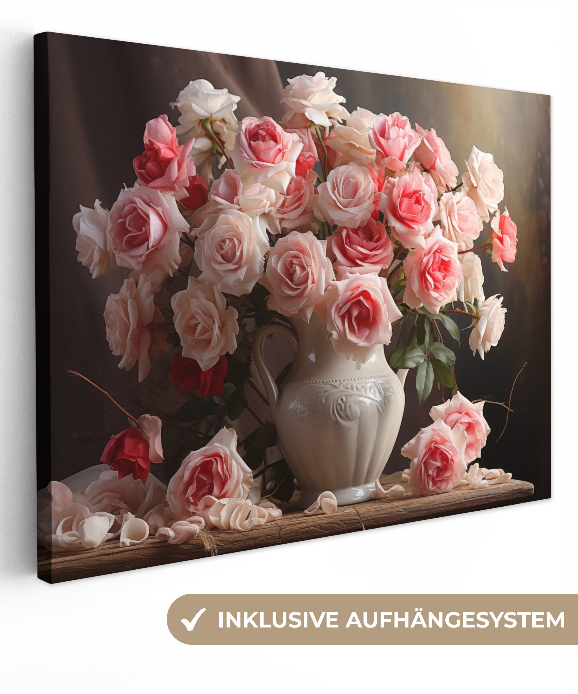 OneMillionCanvasses® Leinwandbild Blumen - Rosen - Vase - Stilleben - Blumenstrauß, Fotodruck (1 St), Wandbild Leinwandbilder, Aufhängefertig, Wanddeko 40x30 cm