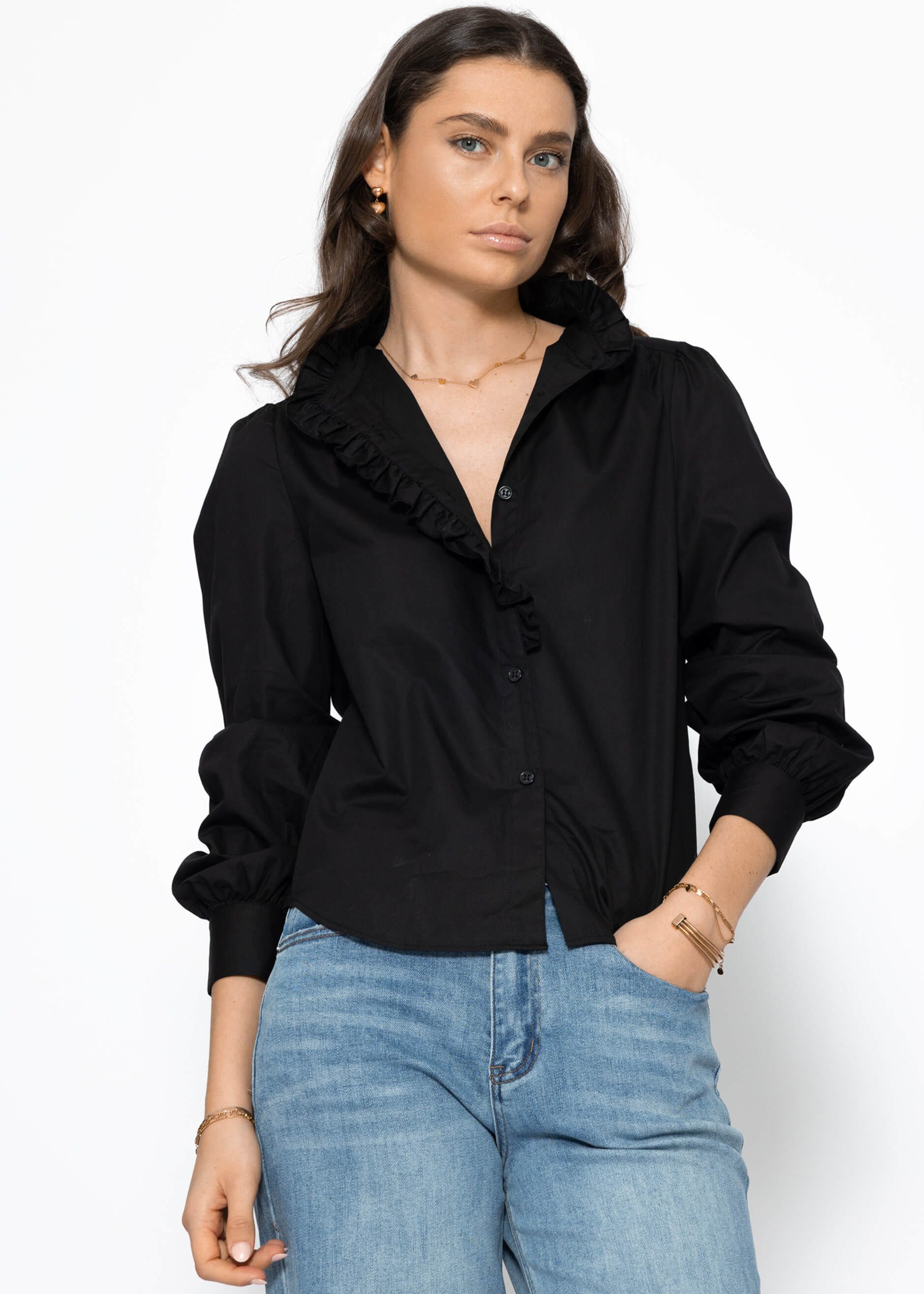 Langarmbluse Hemdbluse Damen Elegant mit Volants und Rüschen
