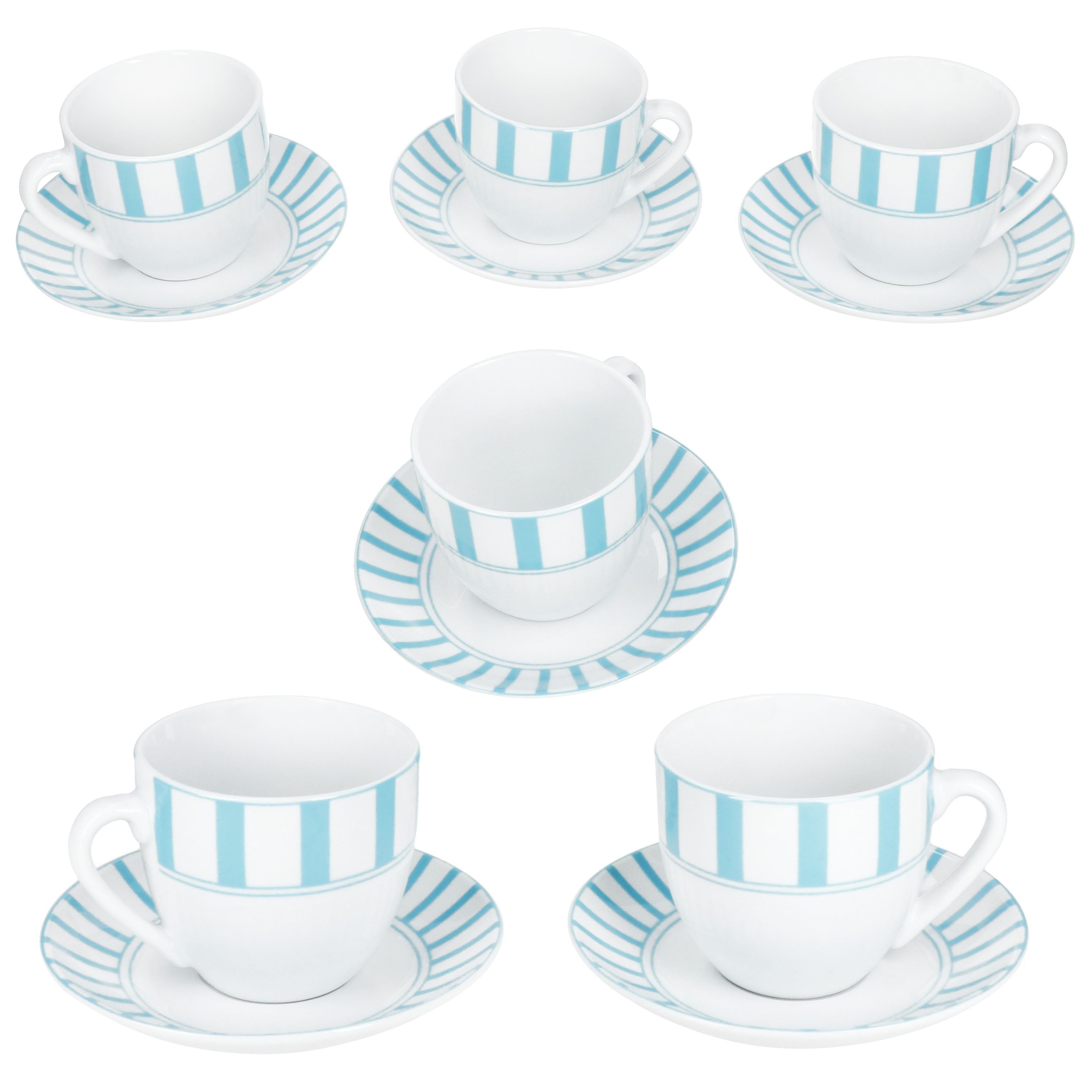 MamboCat Tasse Split türkis Kaffeetassen mit Untertassen für 6 Pers. Streifen Tee, Porzellan