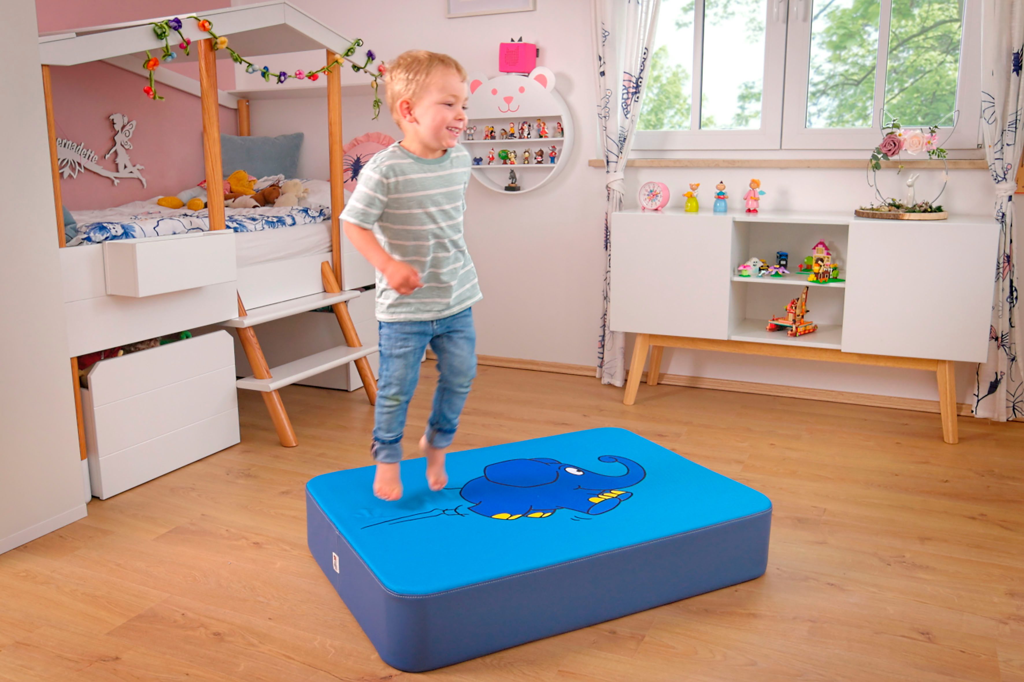 Hipp-Hopp - das Hüpfpolster Weichbodenmatte Hüpfpolster S dunkelblau, Die Maus, Elefant, Hüpfmatte, 97x70x17 cm, Made in Germany – Bild 4 von 5