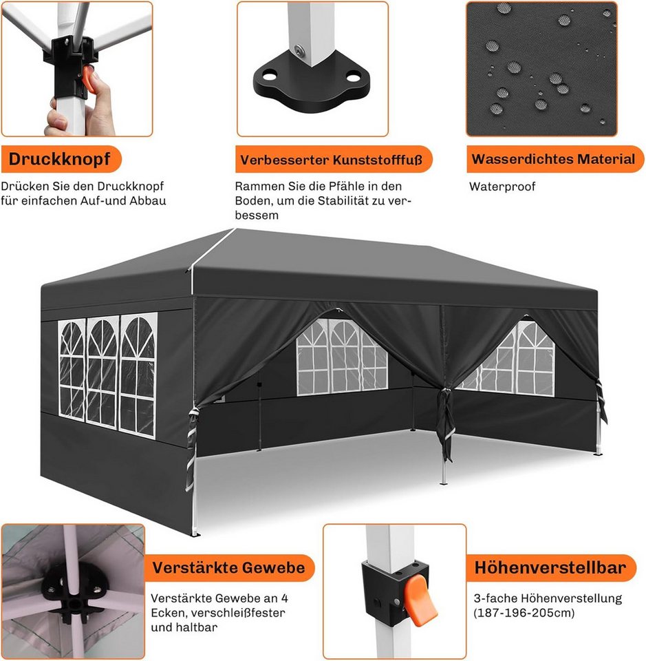 Thumbnail - Daskoo Faltpavillon Pavillon 3x6m Wasserdicht Faltpavillon Pop Up Partyzelt 6Seitenwände, mit 6 Seitenteilen, 600x300x26...