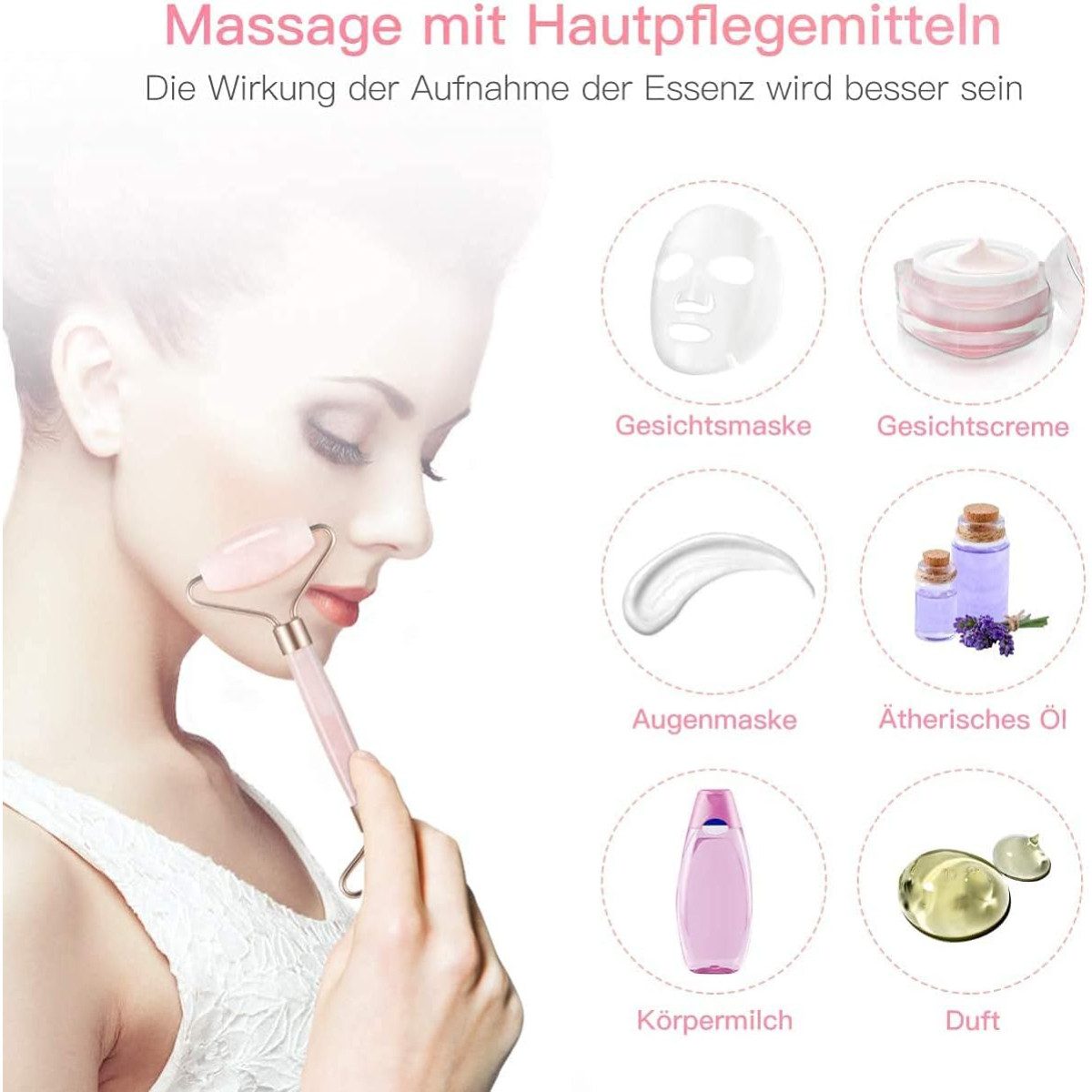 cofi1453 Massageroller Roller & Gua Sha Set aus Rosenquarz – gegen Schwellungen & Falten, Beauty-Set, 3-teiliges Massage-Set, Kühlender Naturstein, Unterstützt  – Bild 4 von 5