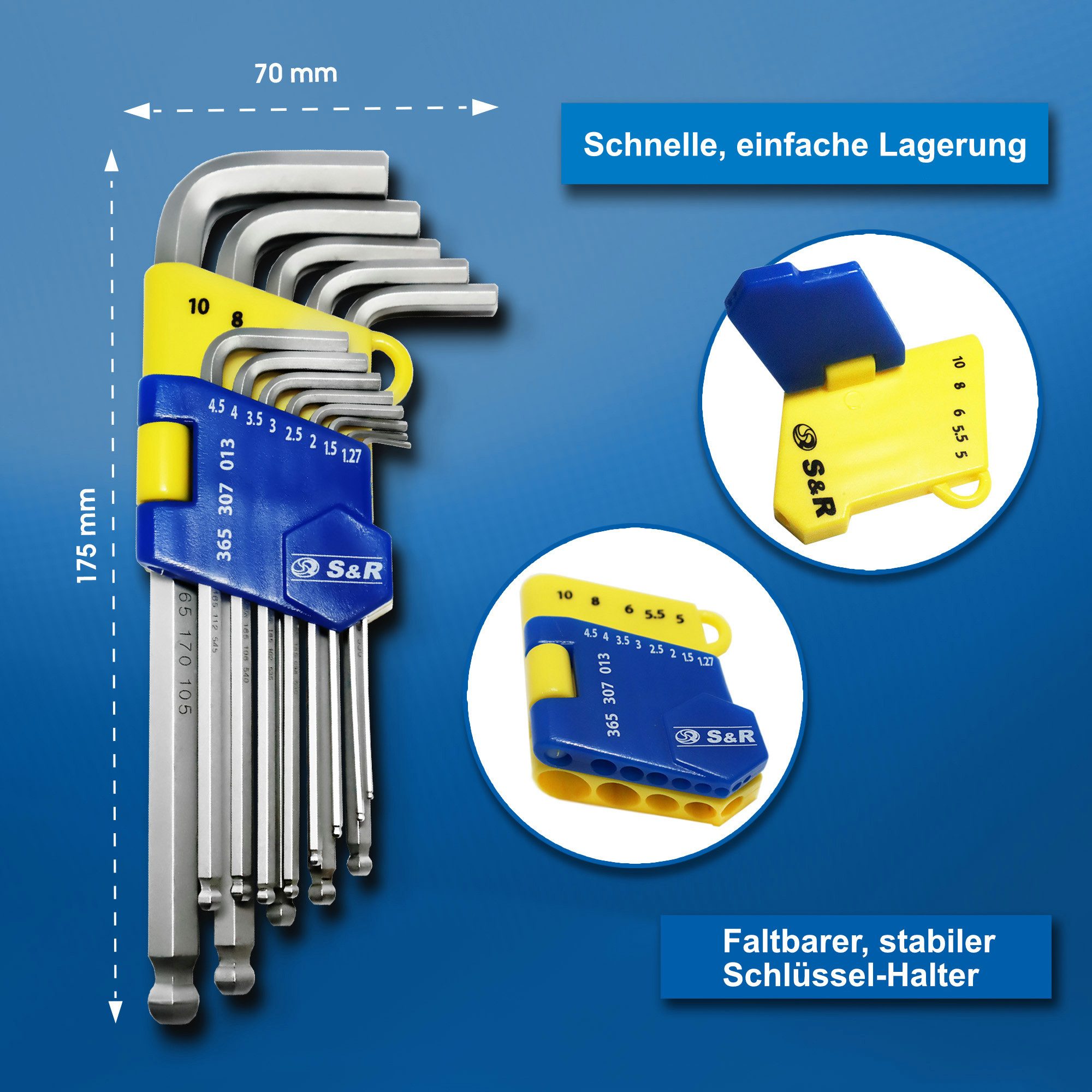 S&R Innensechskantschlüssel Satz HX, mit Kugelkopf, Innensechskant LANG, Cr-V-Stahl gehärtet (Set, 13-tlg 1,27 bis 10 mm), Winkelschlüssel rostfrei, in stabilem – Bild 5 von 5