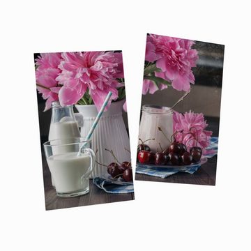 Wallario Herd-Abdeckplatte Milch mit Kirschen zum Frühstück mit rosa Blumenarrangement, ESG-Sicherheitsglas, (Glasplatte, 2 tlg., inkl. 5mm Noppen), verschiedene Größen