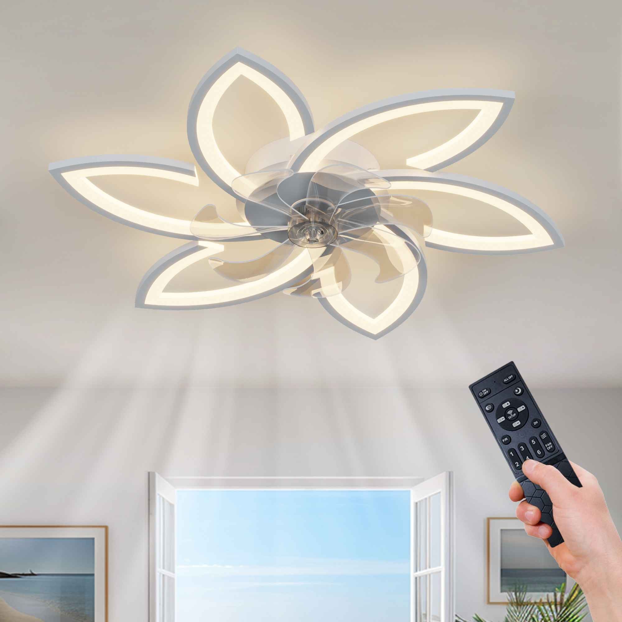 BBWL Deckenventilator mit LED Licht Blütenform, 66W dimmbar, APP & Fernbedienung, 6 Stufen, Sommer Winter Funktion Timer