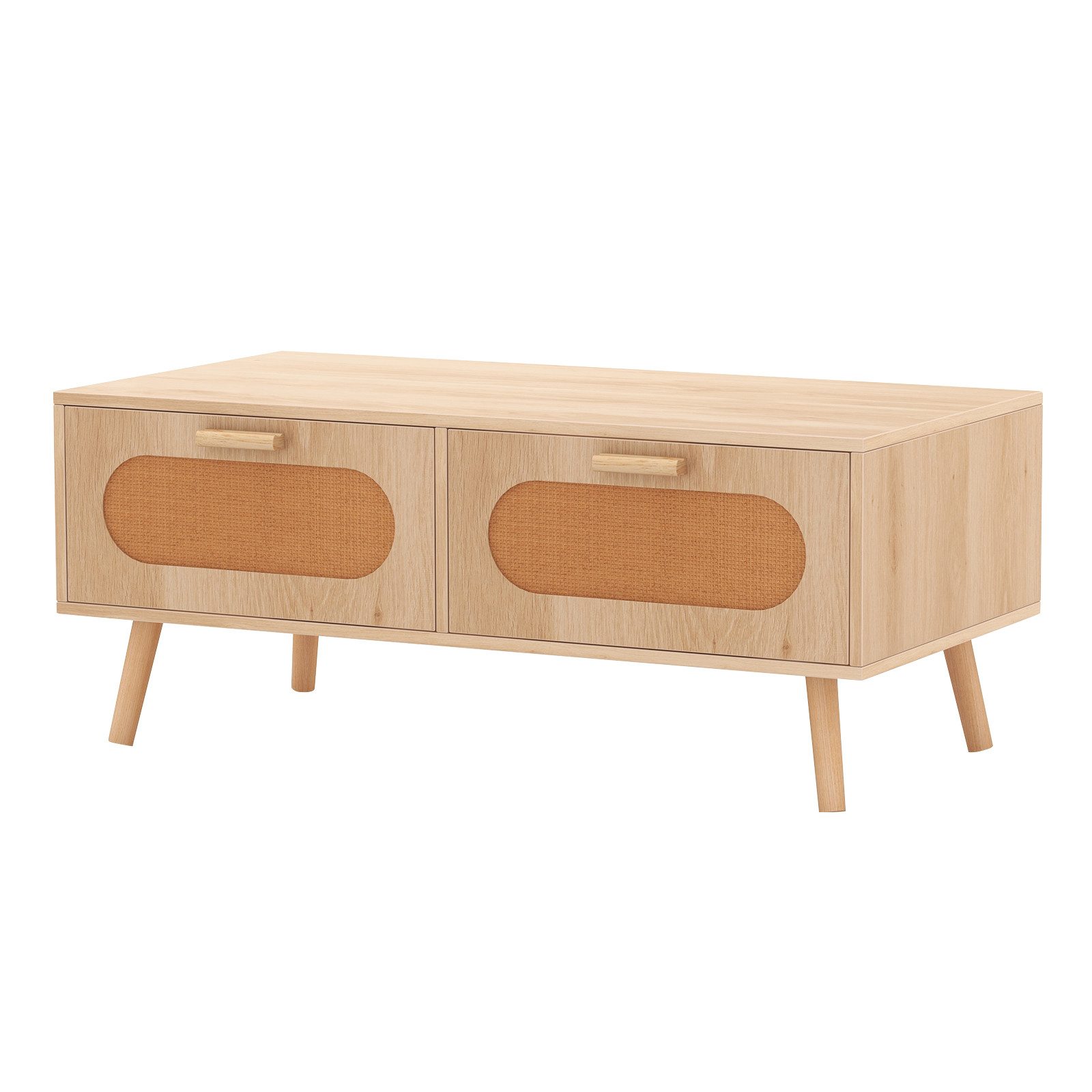 COSTWAY Couchtisch, Rattan, mit Schubladen, Fach, massiven Holzbeinen, 100cm