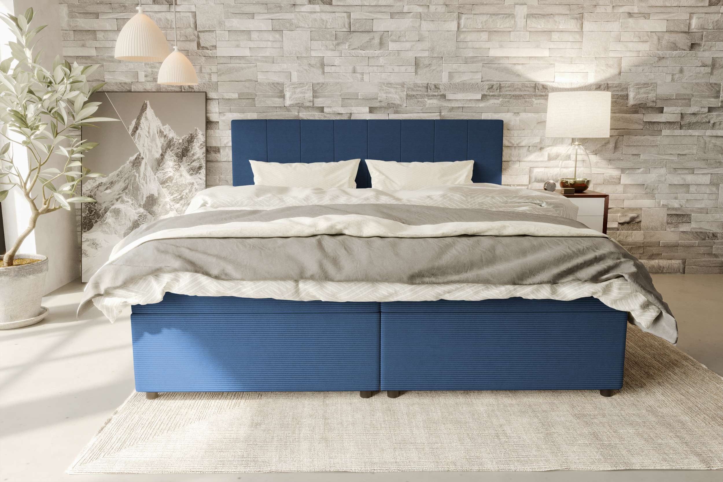 99rooms Boxspringbett Kira (Schlafzimmerbett, Bett), 140/160/180/200x200 cm, in Cordstoff POSO, mit Topper, Frontauszüge