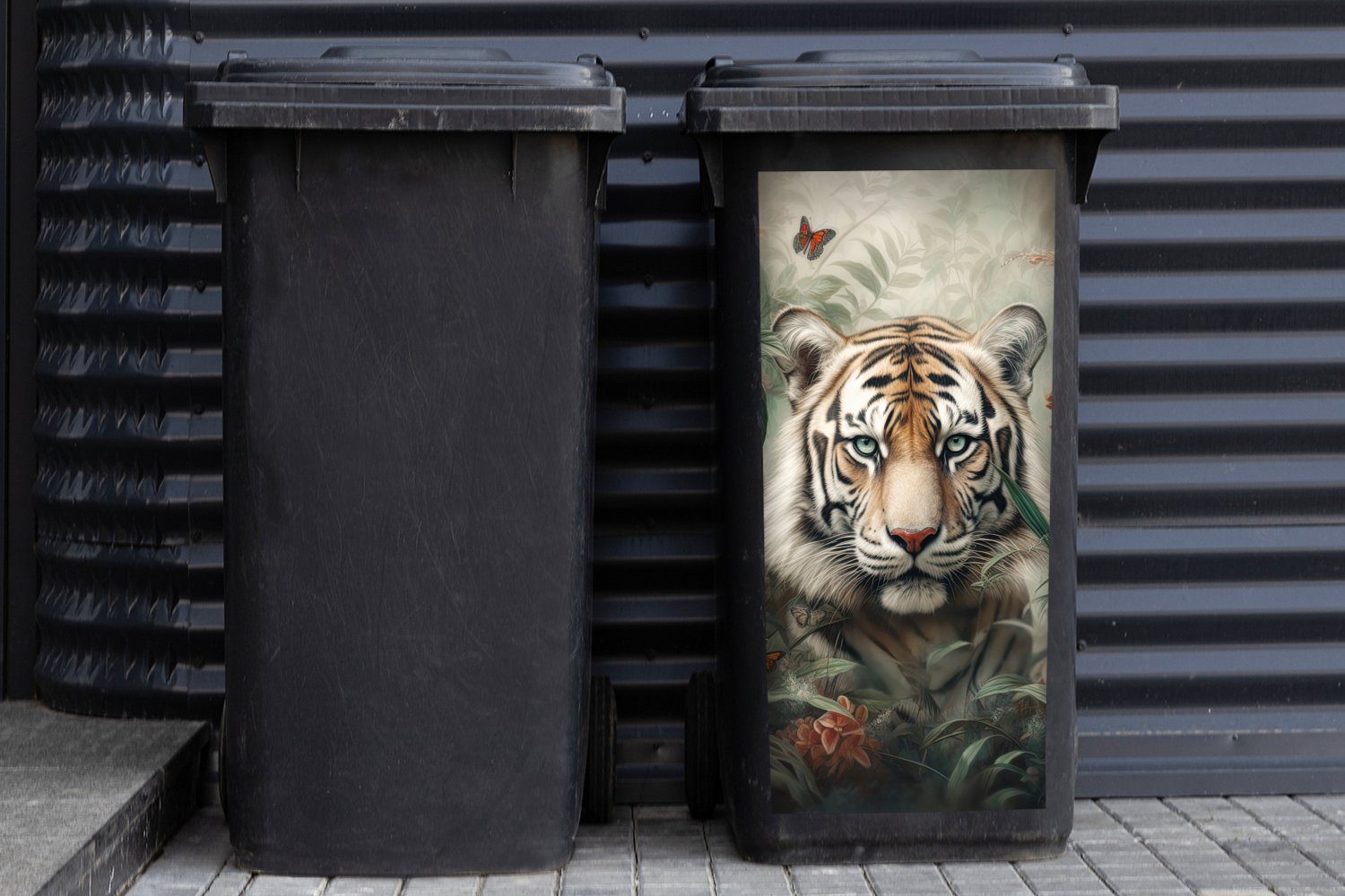 St), - Container, Tiger Tiere Sticker, Abfalbehälter Blumen MuchoWow - Mülltonne, Schmetterlinge Mülleimer-aufkleber, Dschungel Wandsticker (1 - -