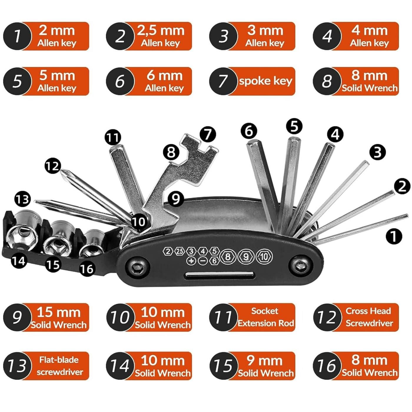 ROCKBROS Bicycle Tool Set, 16-in-1 Multi-Tool, MTB, Road Bike, E-Bike Repair, Folding Tool